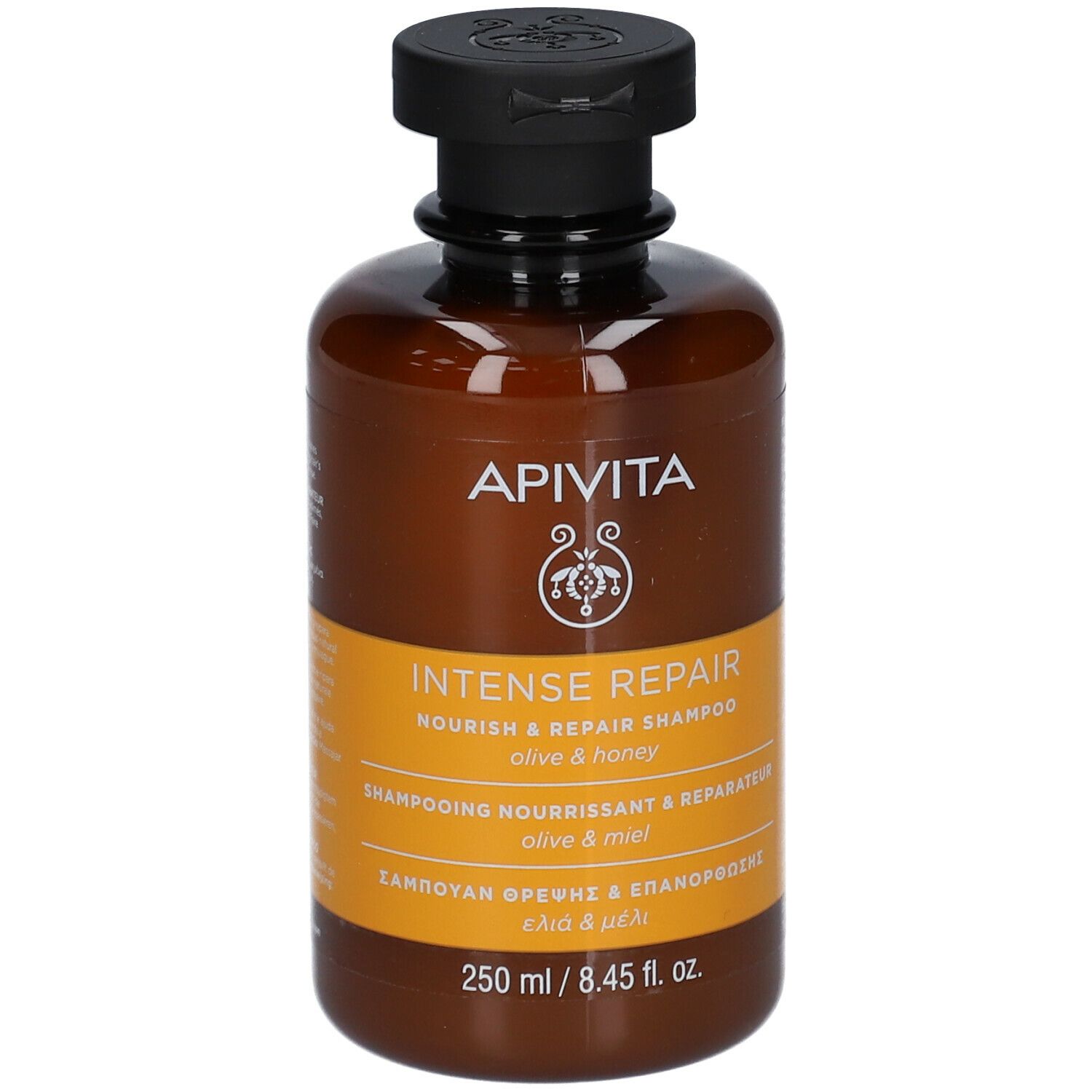 Flacone di shampoo marrone con tappo nero. Scritta: APIVITA, INTENSE REPAIR, Olive & Honey. 250 ml.