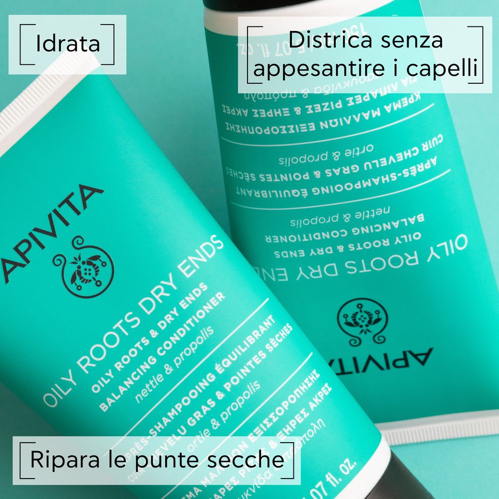 Due tubi. Scritta: APIVITA, OILY ROOTS DRY ENDS, Balancing Conditioner. Testo: Idratata, Districa senza appesantire i capelli, Ripara le punte secche.