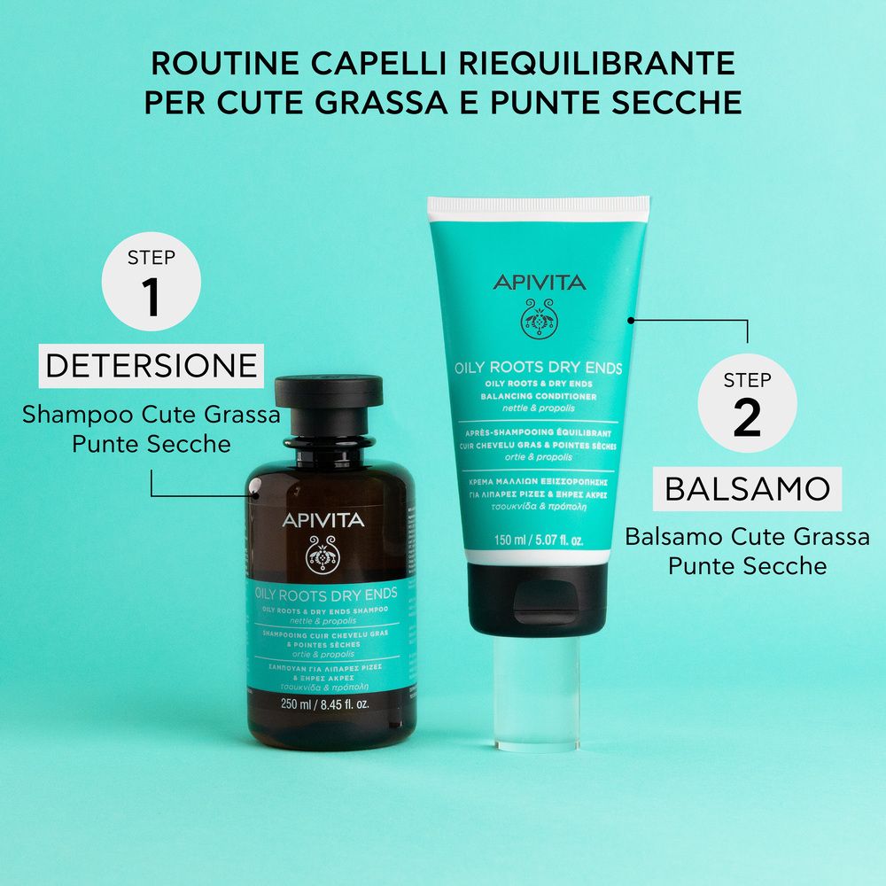 Due prodotti. Scritta: APIVITA, OILY ROOTS DRY ENDS. Testo: Routine capelli riequilibrante per cute grassa e punte secche. Step 1, Step 2.