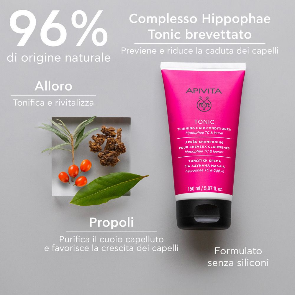 Tubo rosa con ingredienti. Testo: APIVITA Tonic. Testo: 96% di origine naturale.