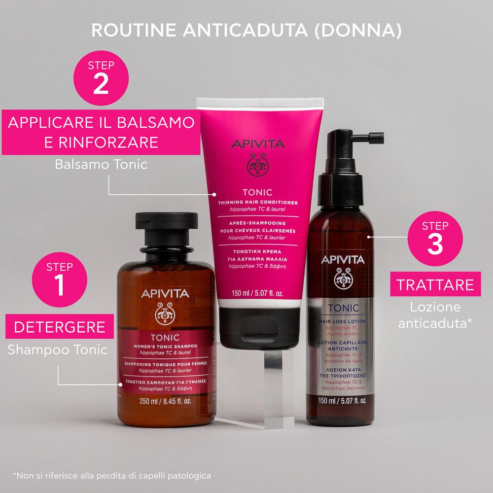 Tre prodotti APIVITA. Testi: Shampoo Tonic, Balsamo Tonic, Lozione capelli Tonic.