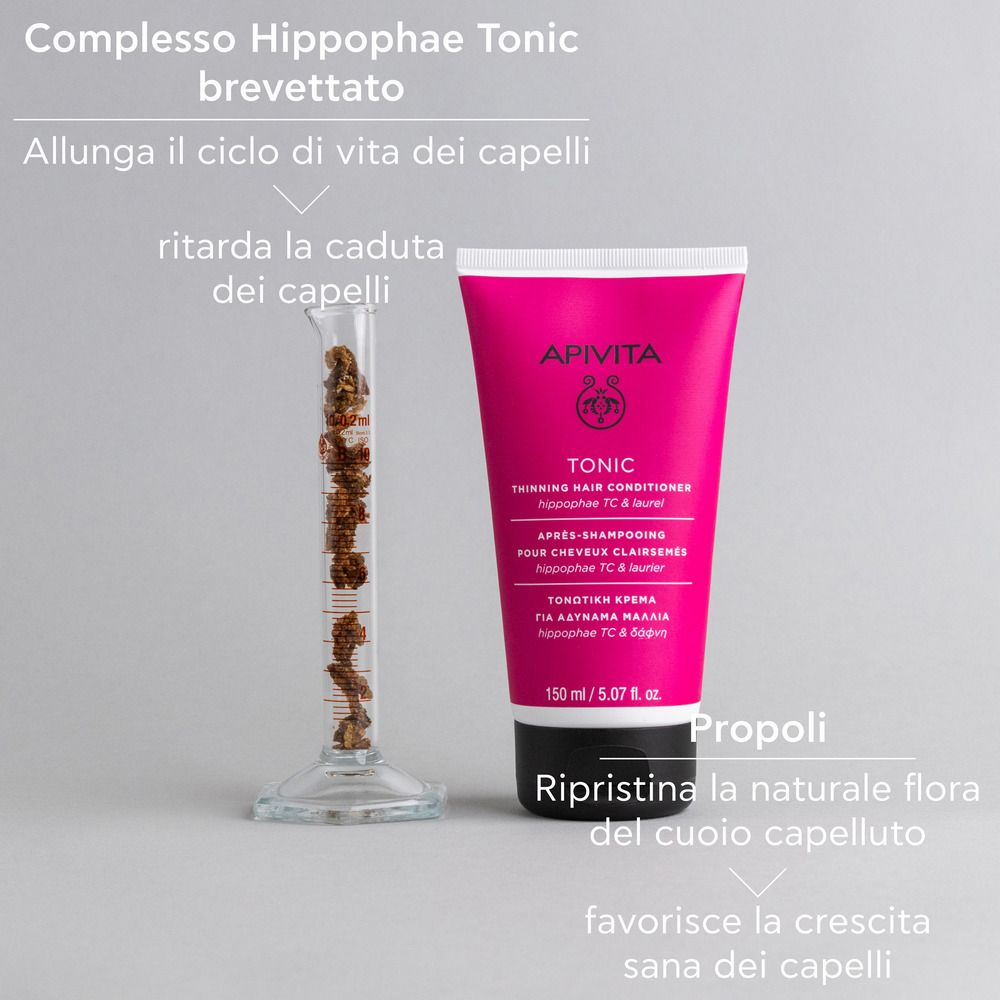 Tubo rosa con ingredienti. Testo: APIVITA Tonic. Testi: Allunga il ciclo di vita, ritarda la caduta.