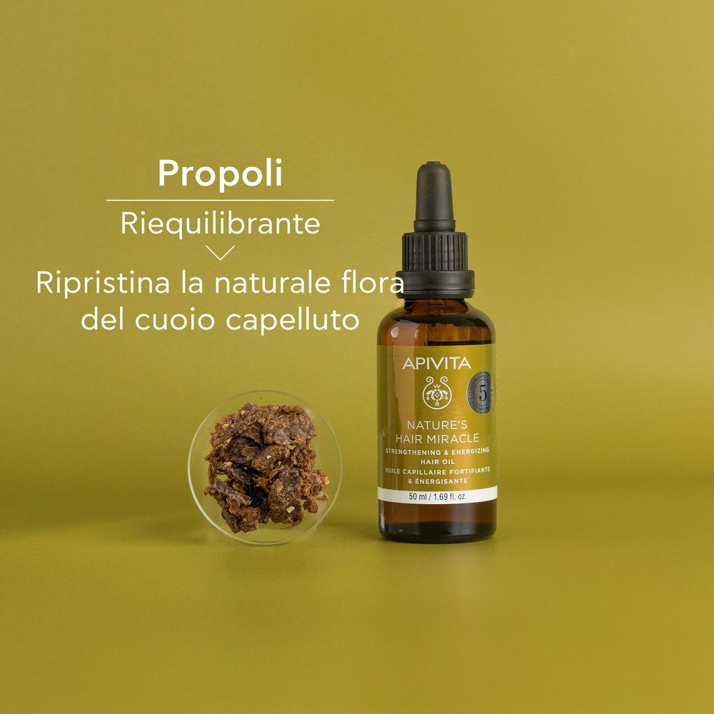 Flacone e propoli. Testo sull'equilibrio del cuoio capelluto. Sfondo giallo.