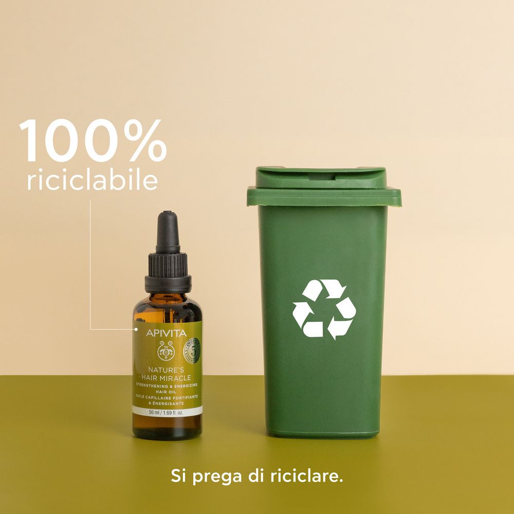 Flacone e bidone. Testo sul riciclo. Sfondo verde. Simbolo di riciclo.