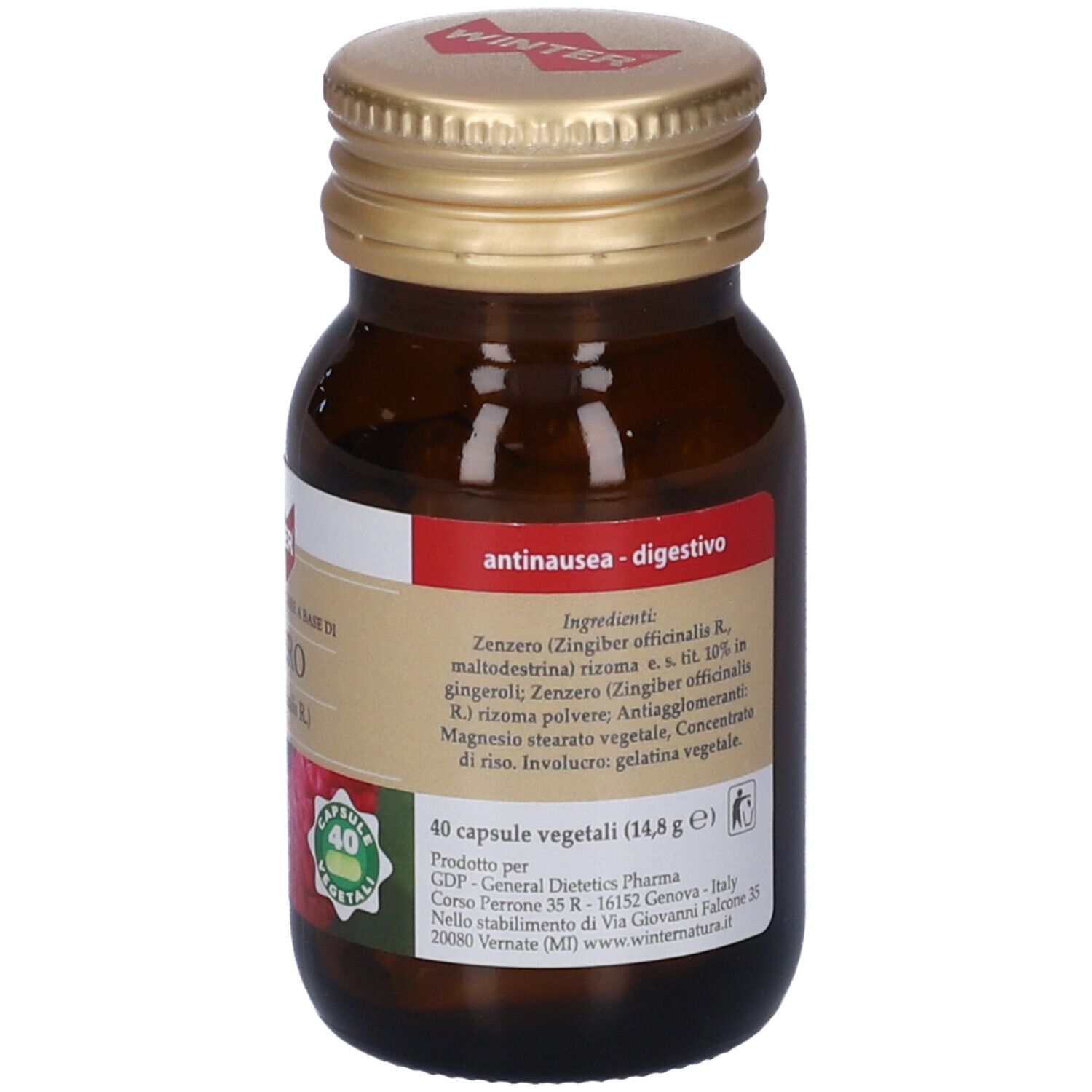 Flacone di vetro marrone con tappo dorato. Etichetta con ingredienti e informazioni del produttore.