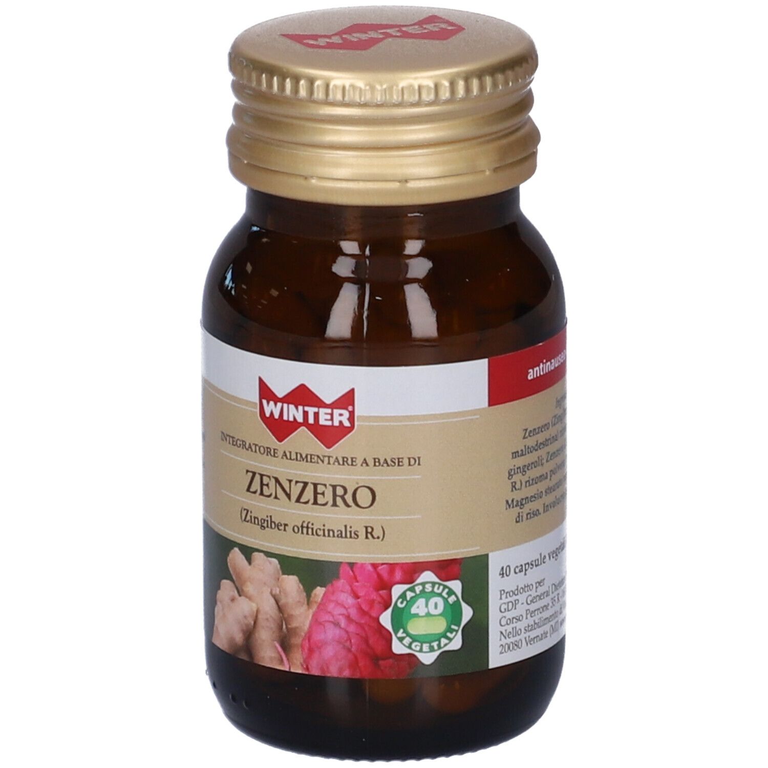 Flacone di vetro marrone con tappo dorato. Etichetta con nome e logo del prodotto. 40 capsule vegetali.