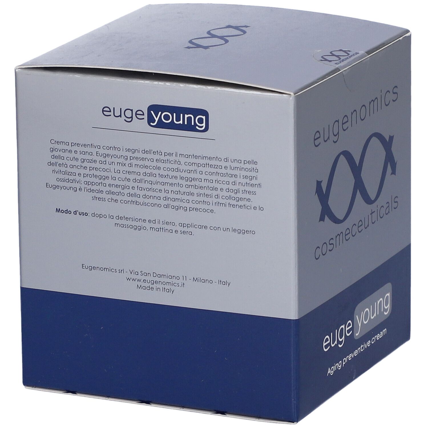 Confezione cosmetica con testo. Scritte: eugenomics cosmeceuticals, euge young. Testo in italiano.