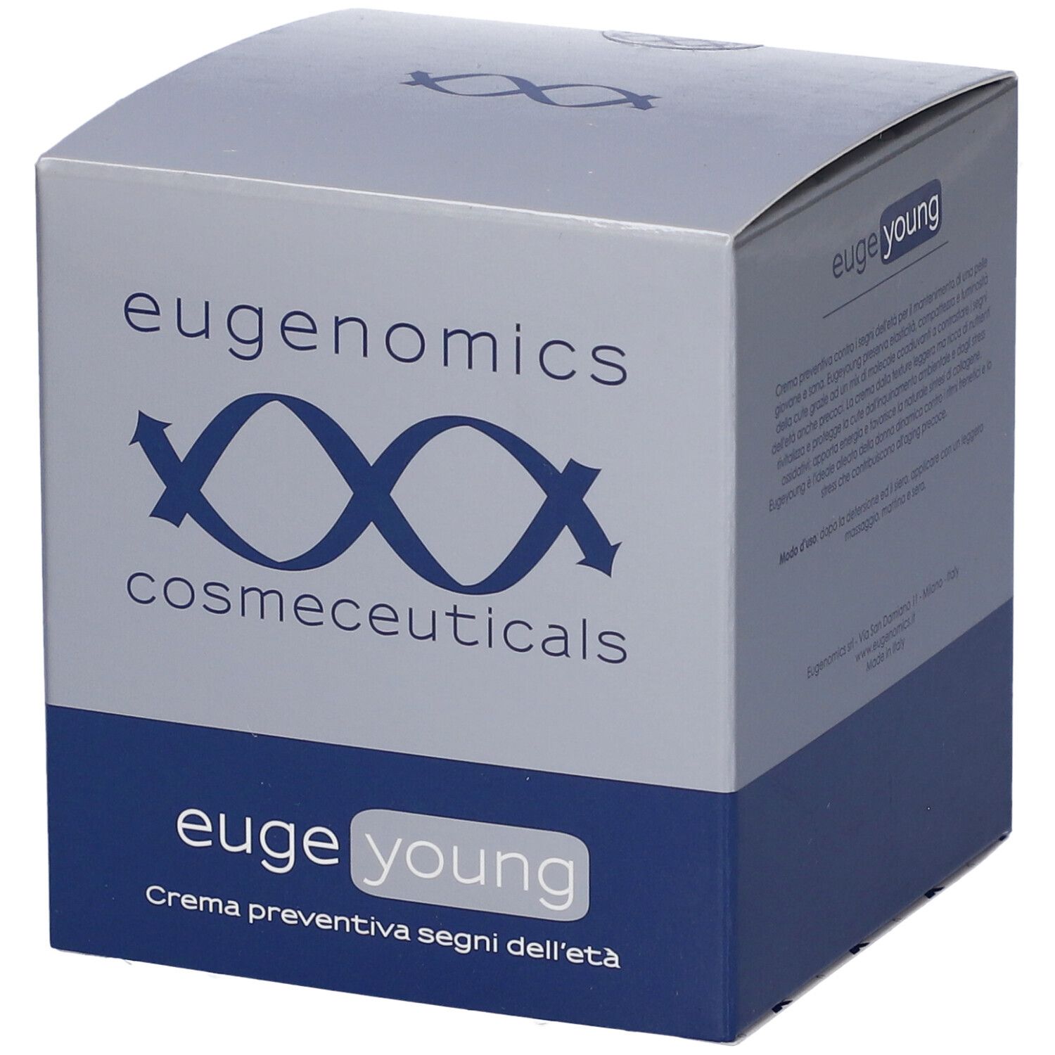 Confezione cosmetica grigia e blu. Scritte: eugenomics cosmeceuticals, euge young. Prodotto: Crema preventiva segni dell'età.