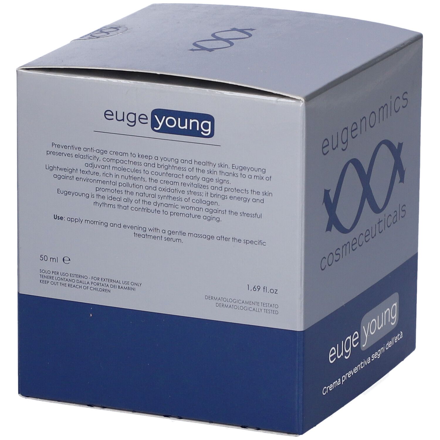 Confezione cosmetica con testo. Scritte: eugenomics cosmeceuticals, euge young. Testo in inglese e italiano.