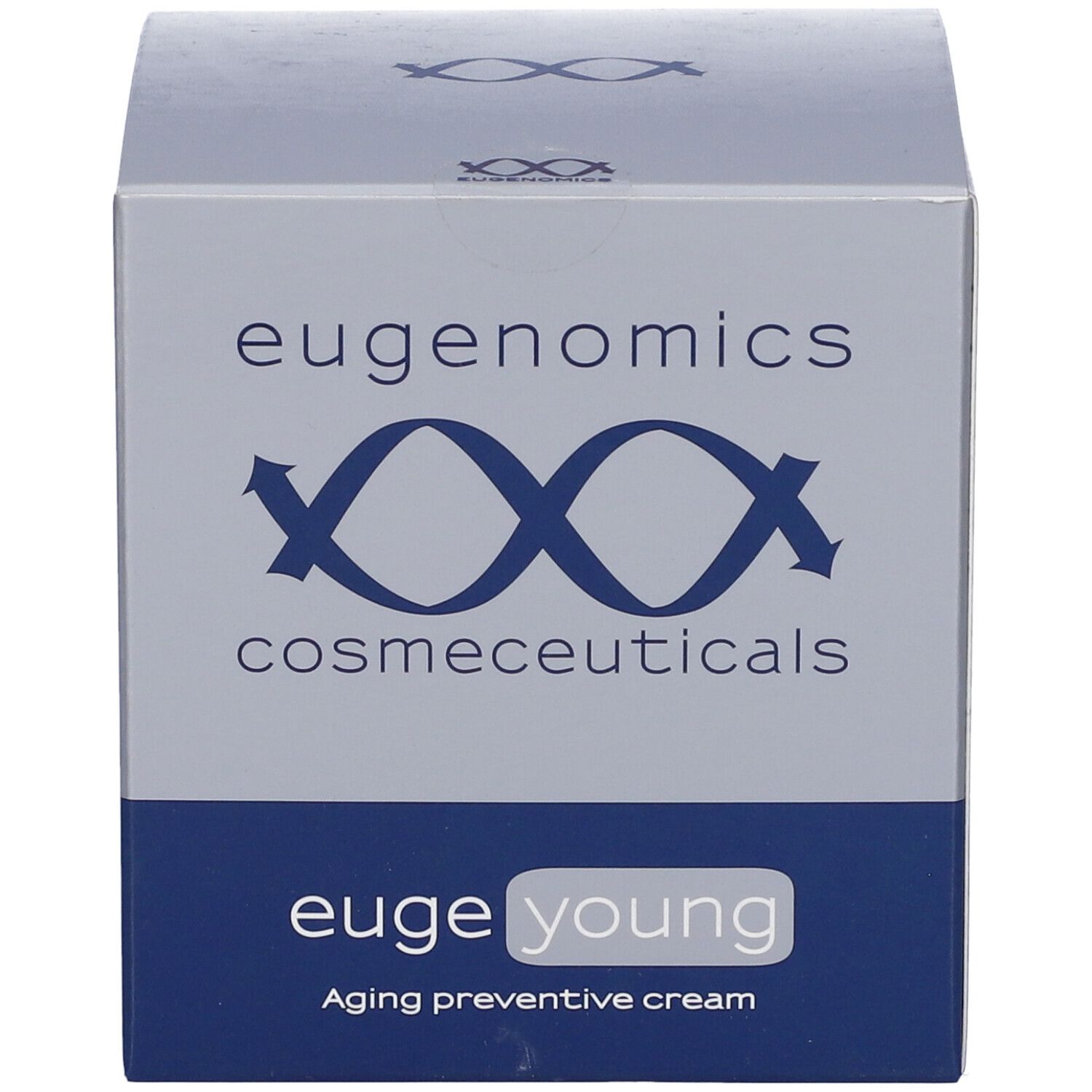 Confezione cosmetica grigia e blu. Scritte: eugenomics cosmeceuticals, euge young. Prodotto: Aging preventive cream.