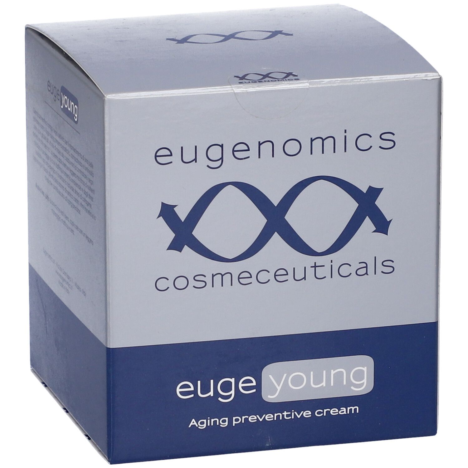 Confezione cosmetica grigia e blu. Scritte: eugenomics cosmeceuticals, euge young. Prodotto: Aging preventive cream.