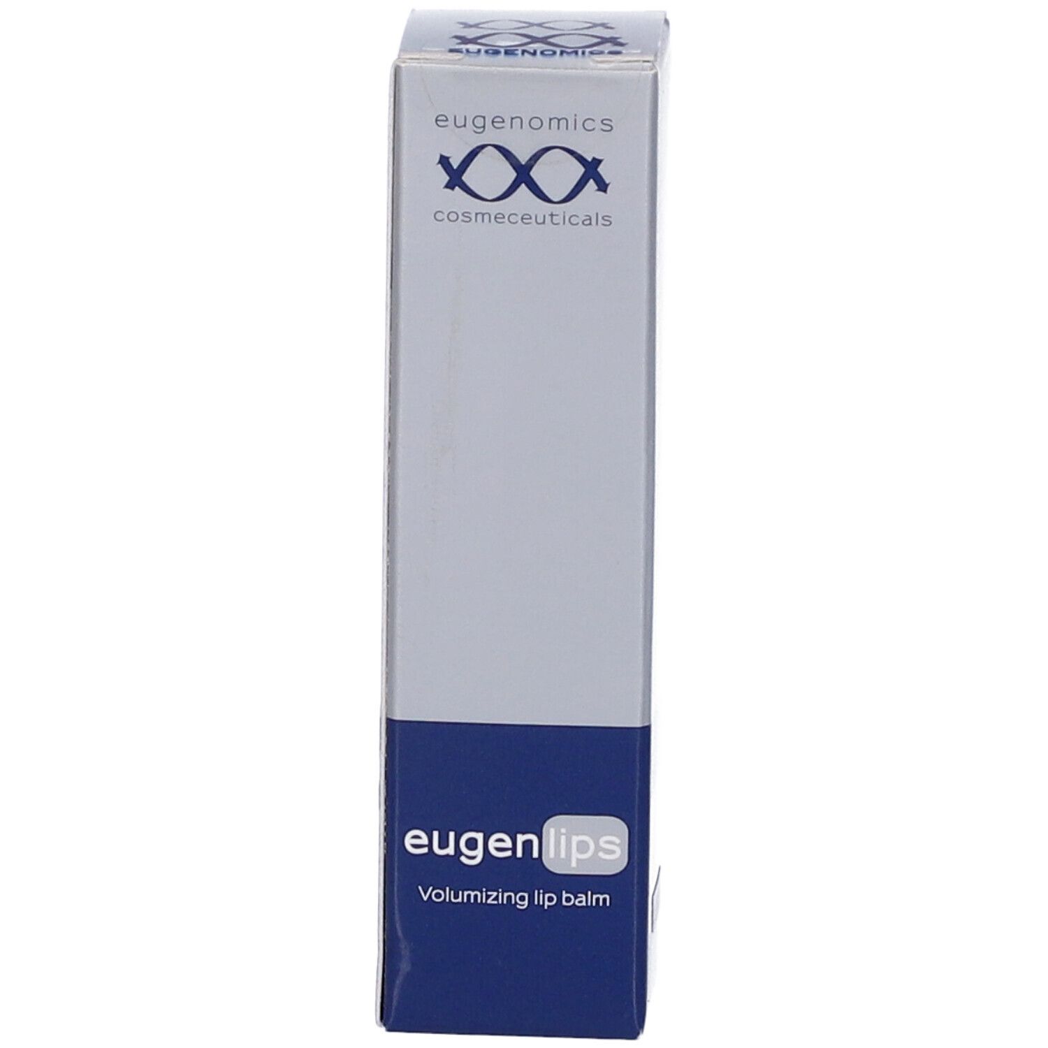 Confezione Eugenomics Eugenlips. Blu e bianca. Scritta: Volumizing lip balm. Logo e marchio.