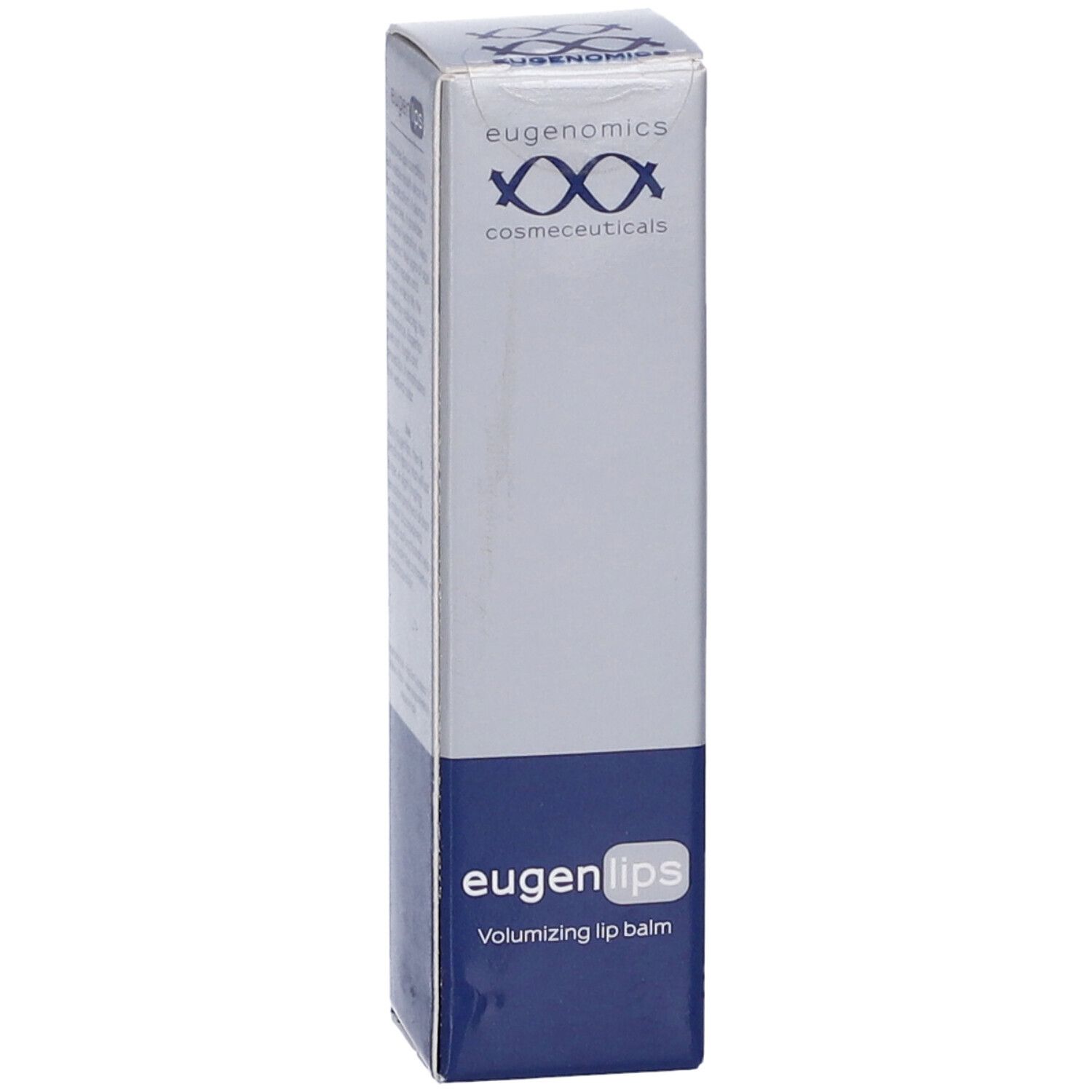 Confezione Eugenomics Eugenlips. Blu e bianca. Scritta: Volumizing lip balm. Logo e marchio.