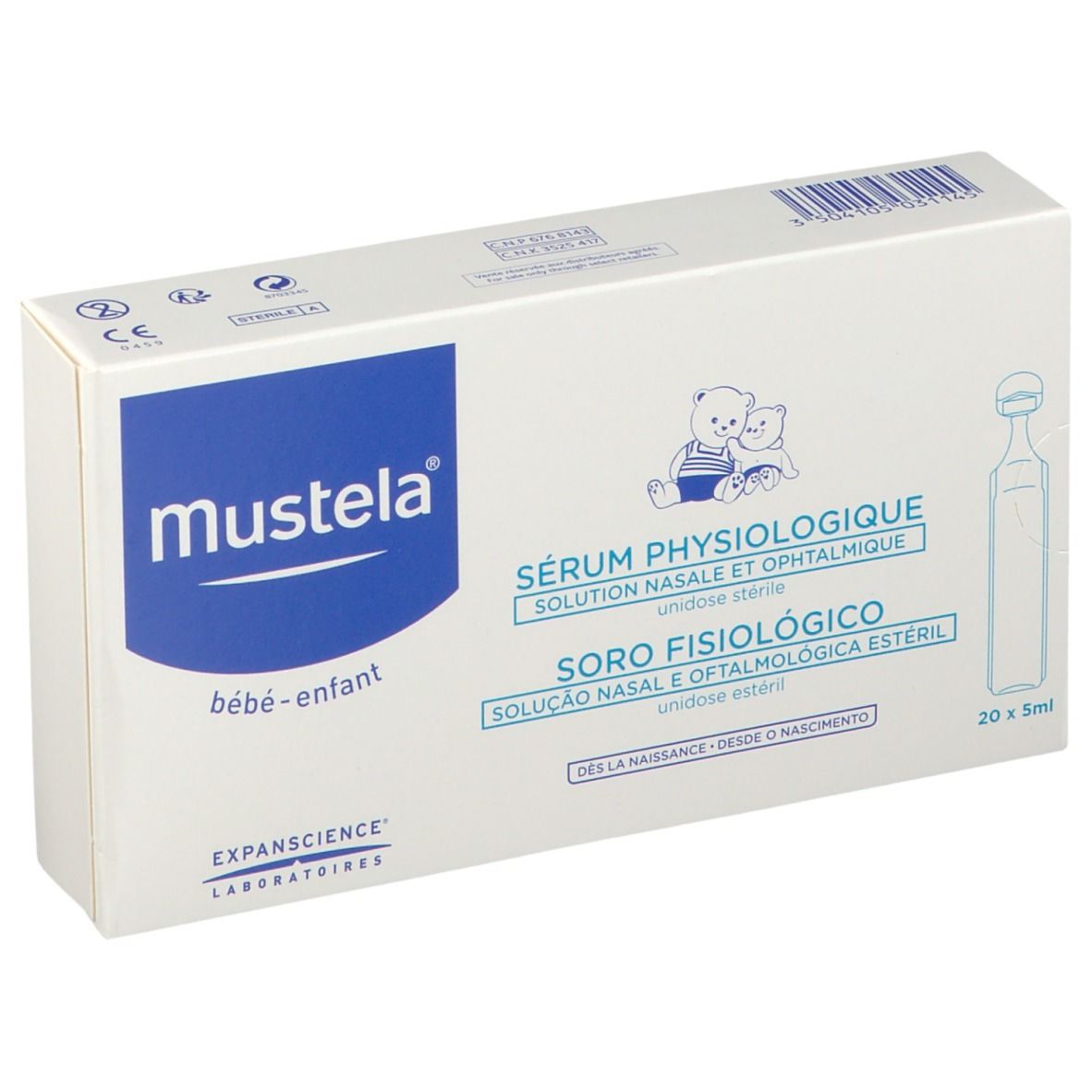 Scatola di siero fisiologico Mustela. Scritto: Sérum Physiologique, Soro Fisiologico. 20 x 5ml. Per neonati e bambini.