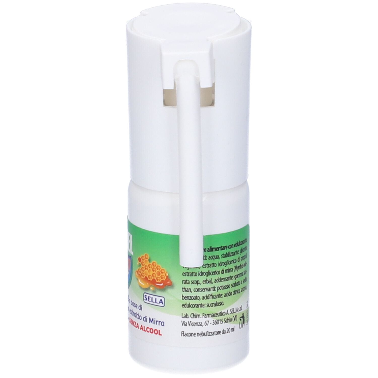 Flacone spray bianco con etichetta verde. Scritta: GOLASEL. Retro con ingredienti e informazioni produttore.