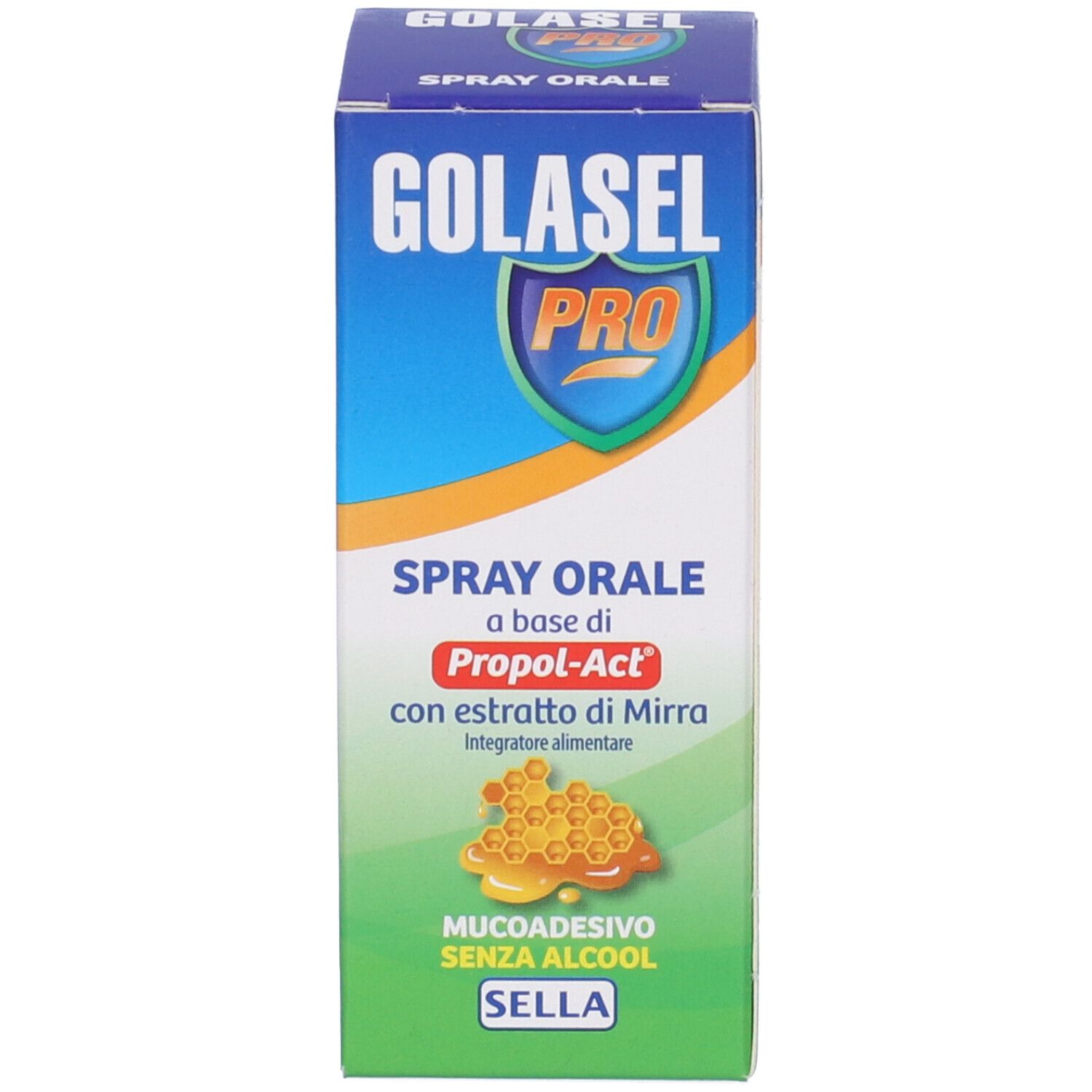 Confezione del prodotto. Scritta: GOLASEL PRO, Spray orale. Con illustrazioni e informazioni sul prodotto.