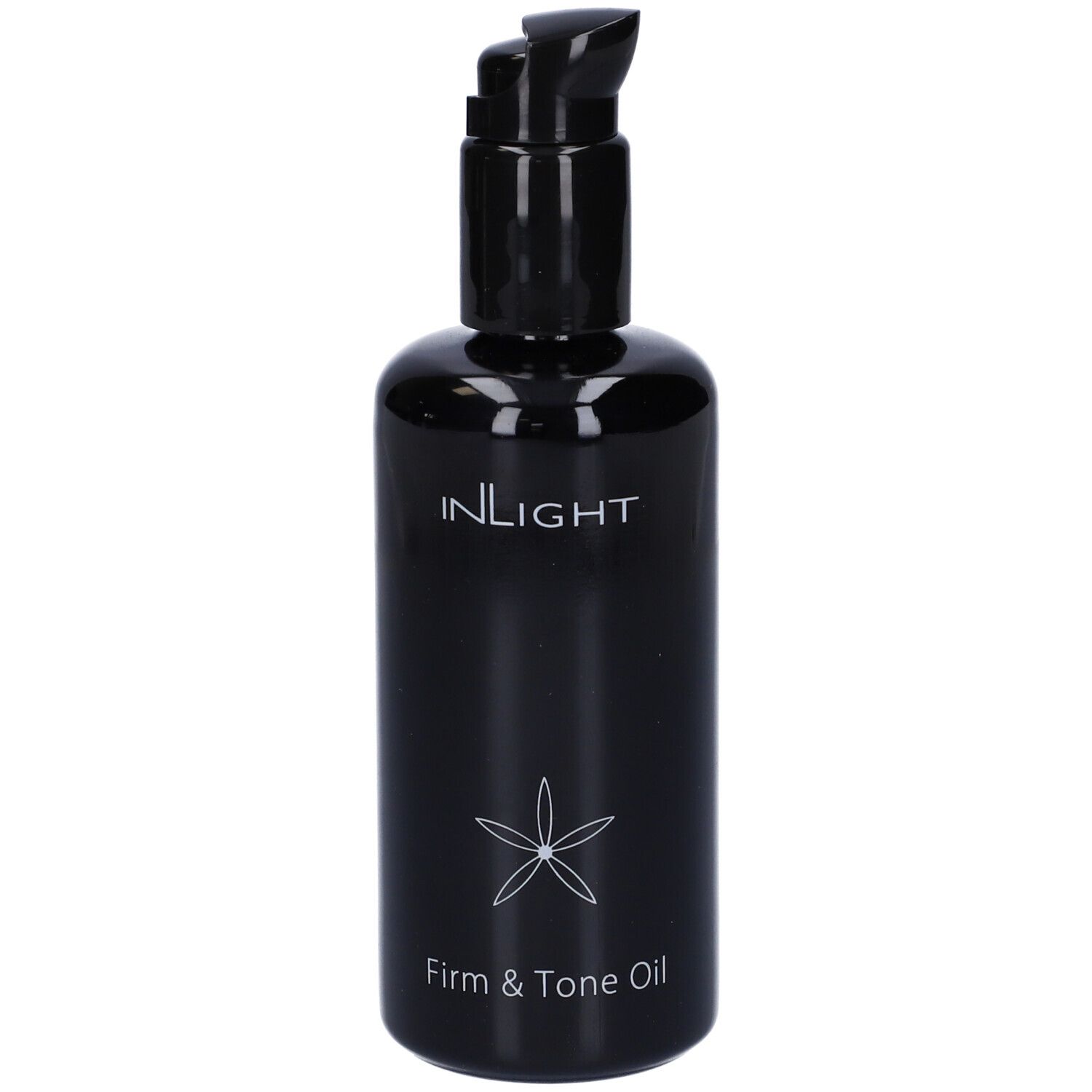 Flacone nero con pompa. Scritte: INLIGHT, Firm & Tone Oil, fiore.