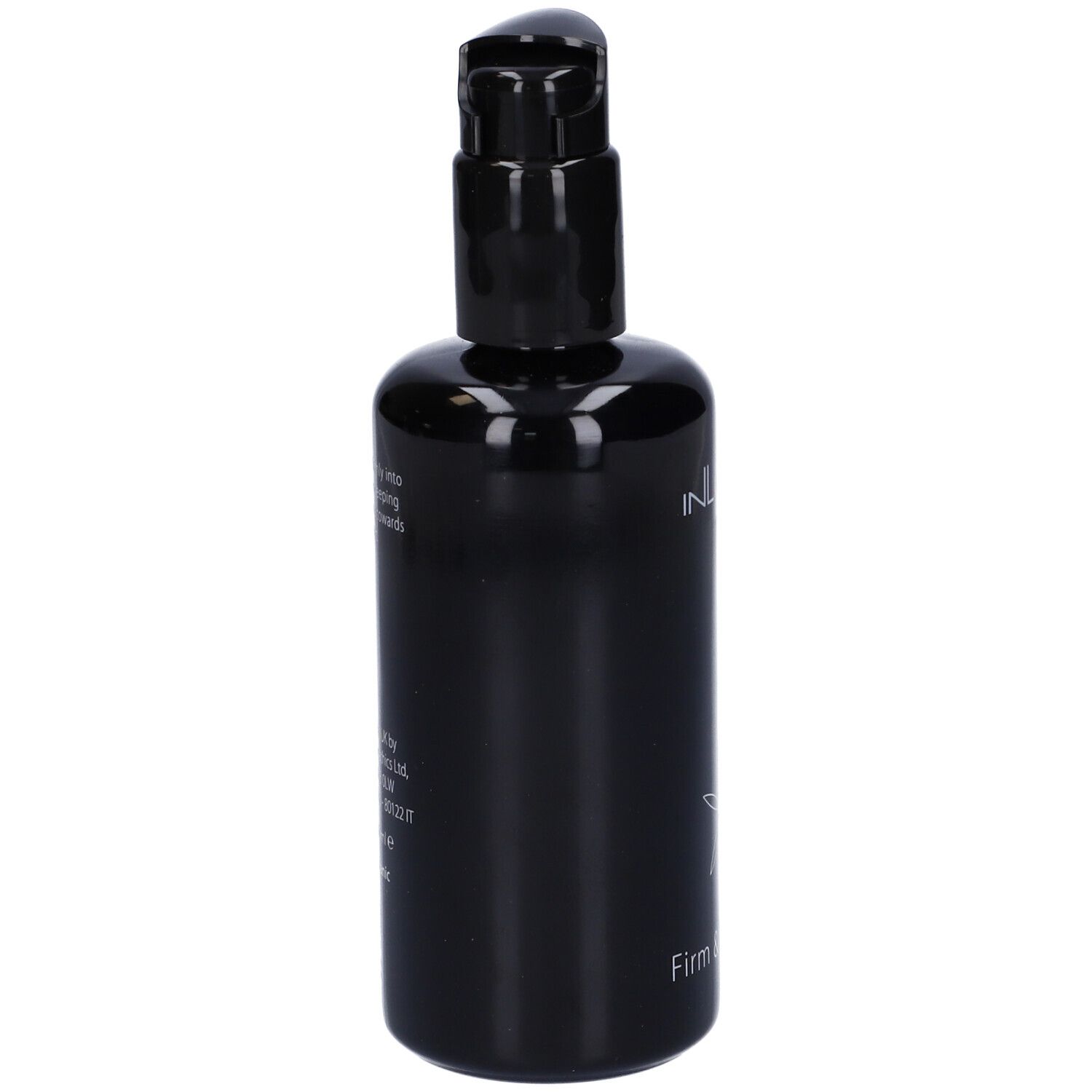 Flacone nero con pompa. Scritte: INLIGHT, Firm & Tone Oil, fiore.