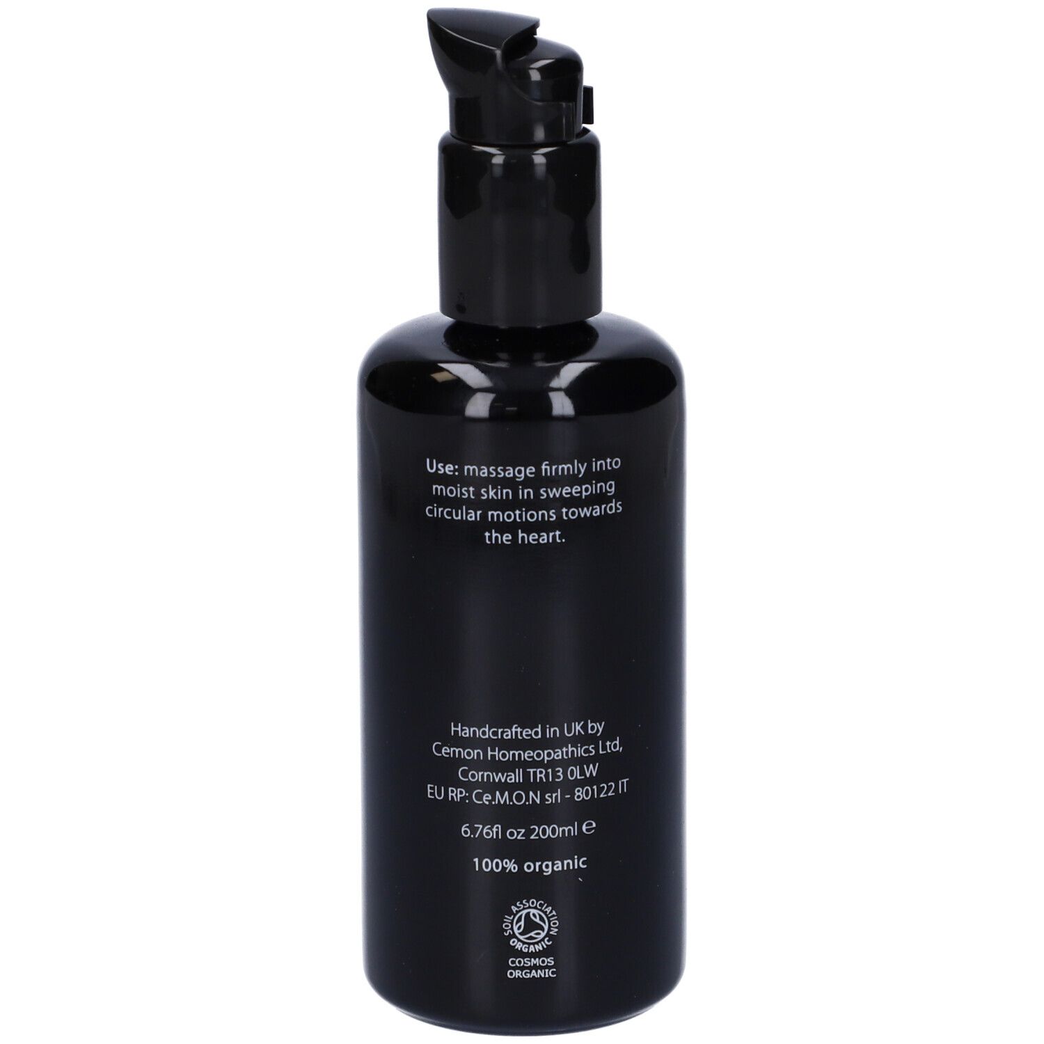 Flacone nero con pompa. Scritte: INLIGHT, Firm & Tone Oil, fiore.