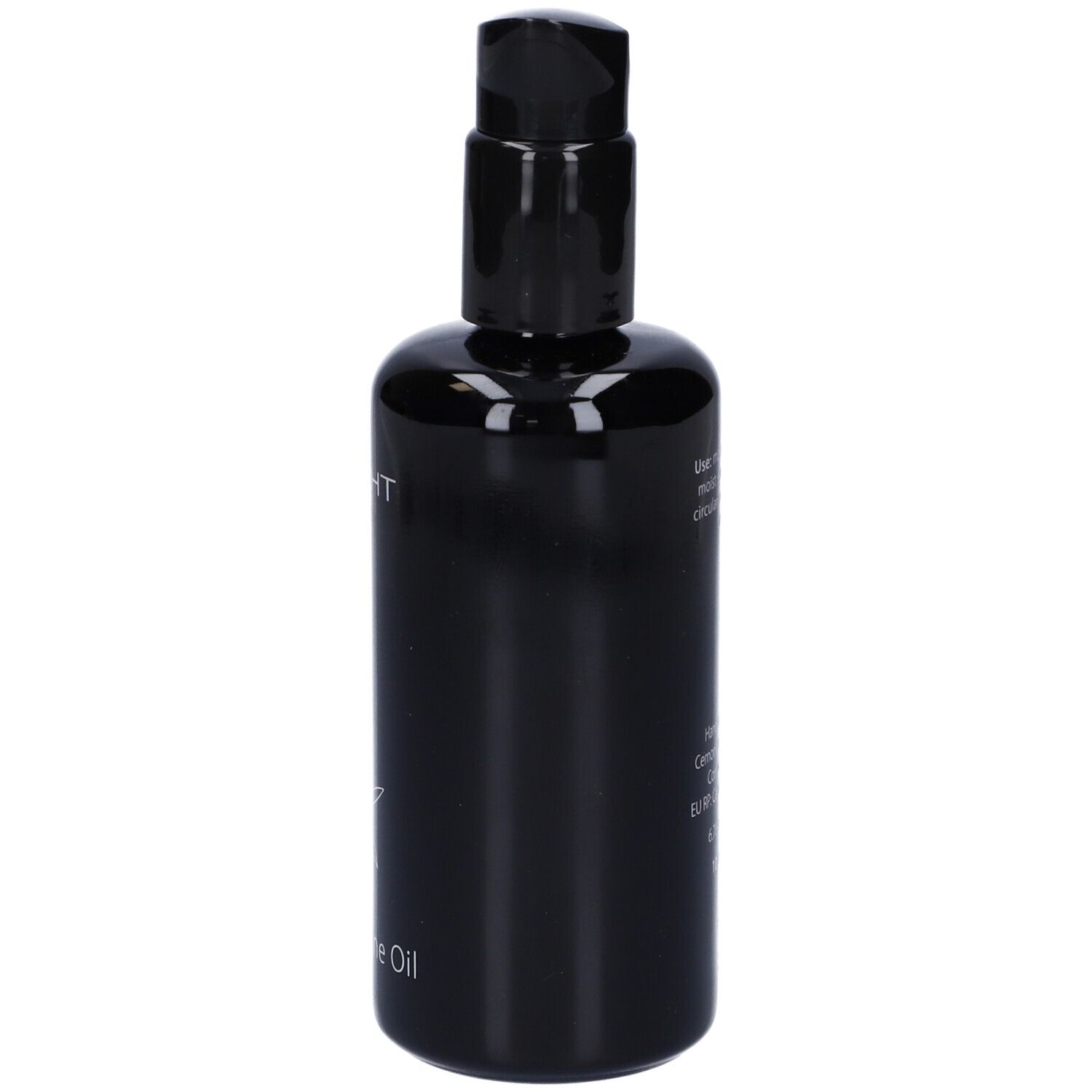 Flacone nero con pompa. Scritte: INLIGHT, Firm & Tone Oil, fiore.