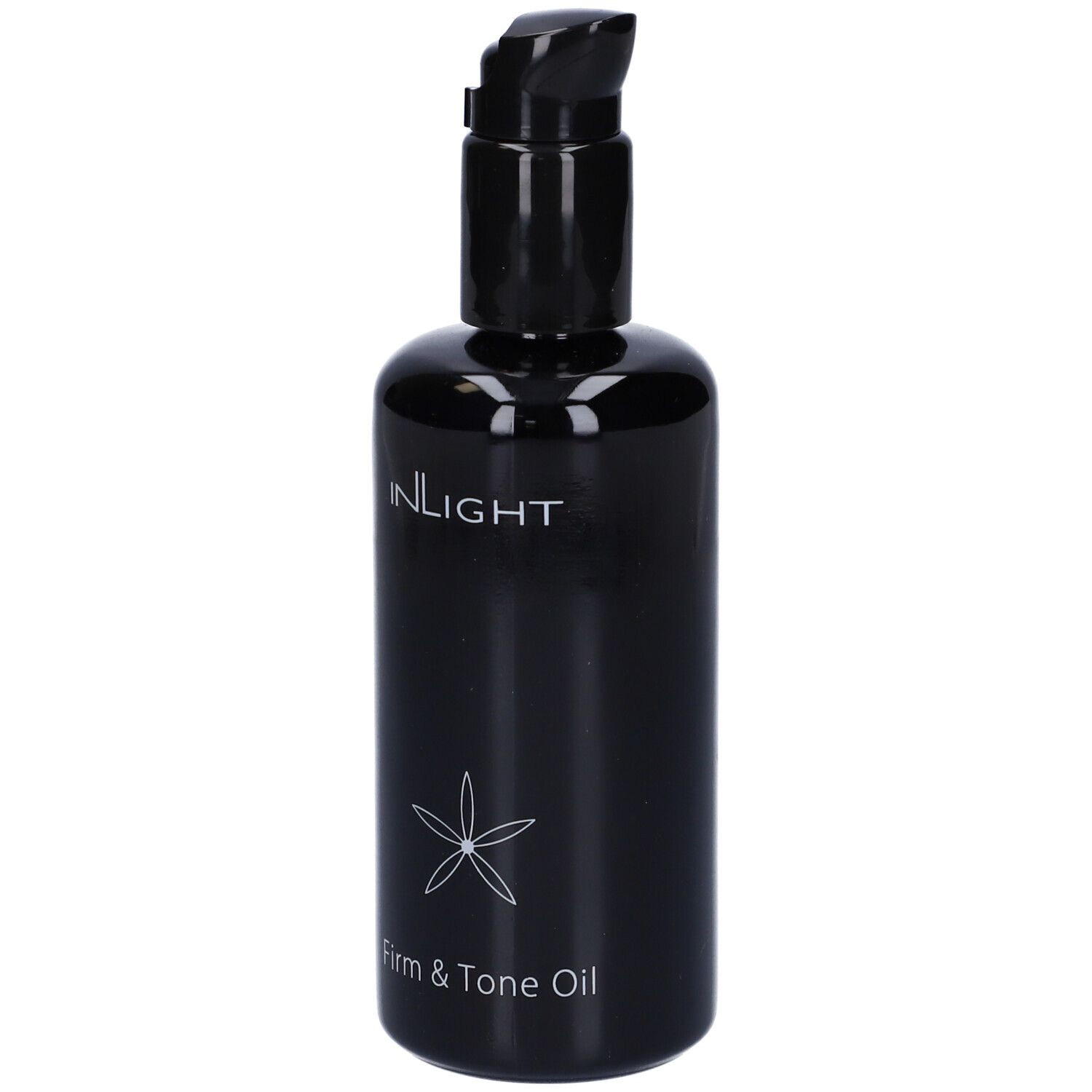 Flacone nero con pompa. Scritte: INLIGHT, Firm & Tone Oil, fiore.