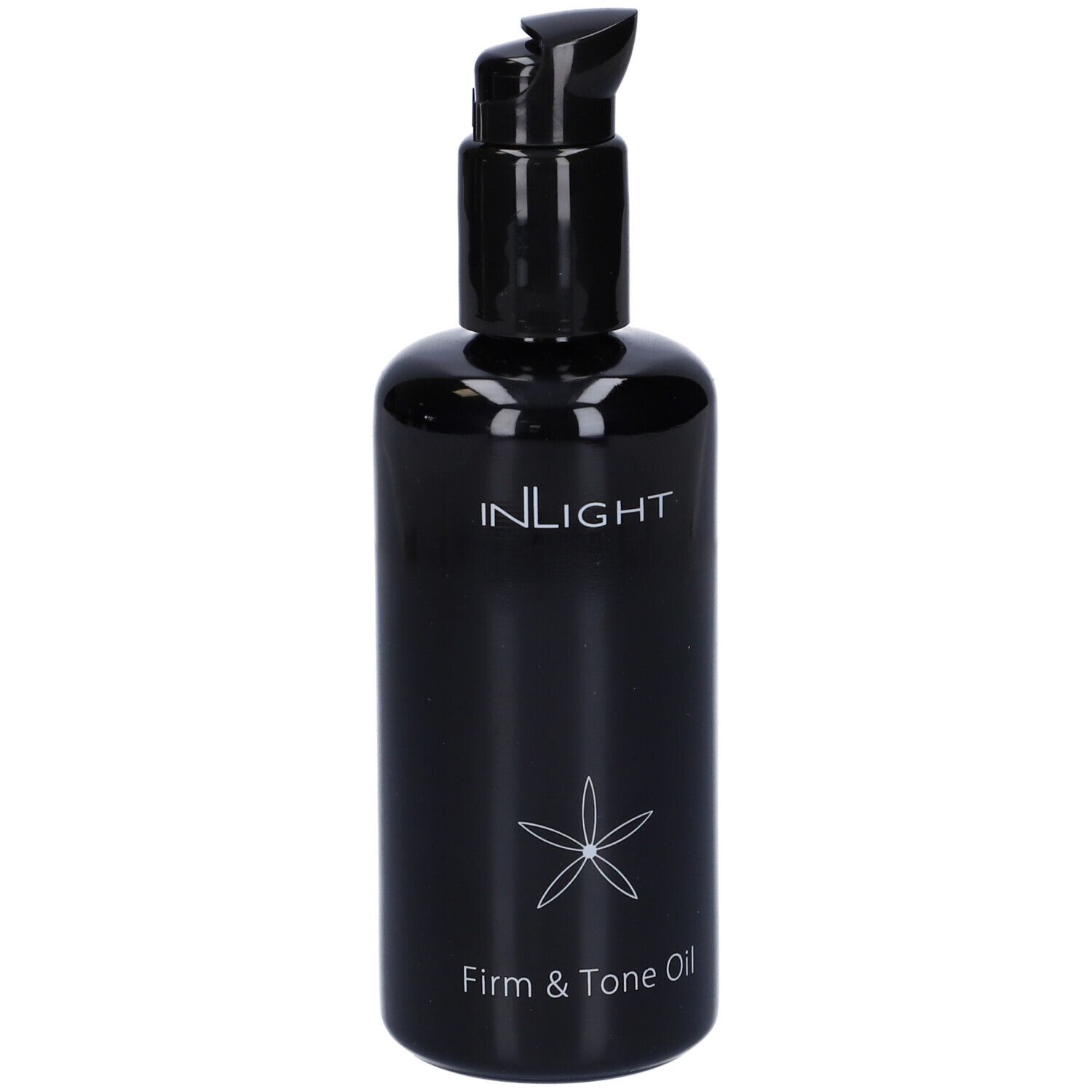 Flacone nero con pompa. Scritte: INLIGHT, Firm & Tone Oil, fiore.