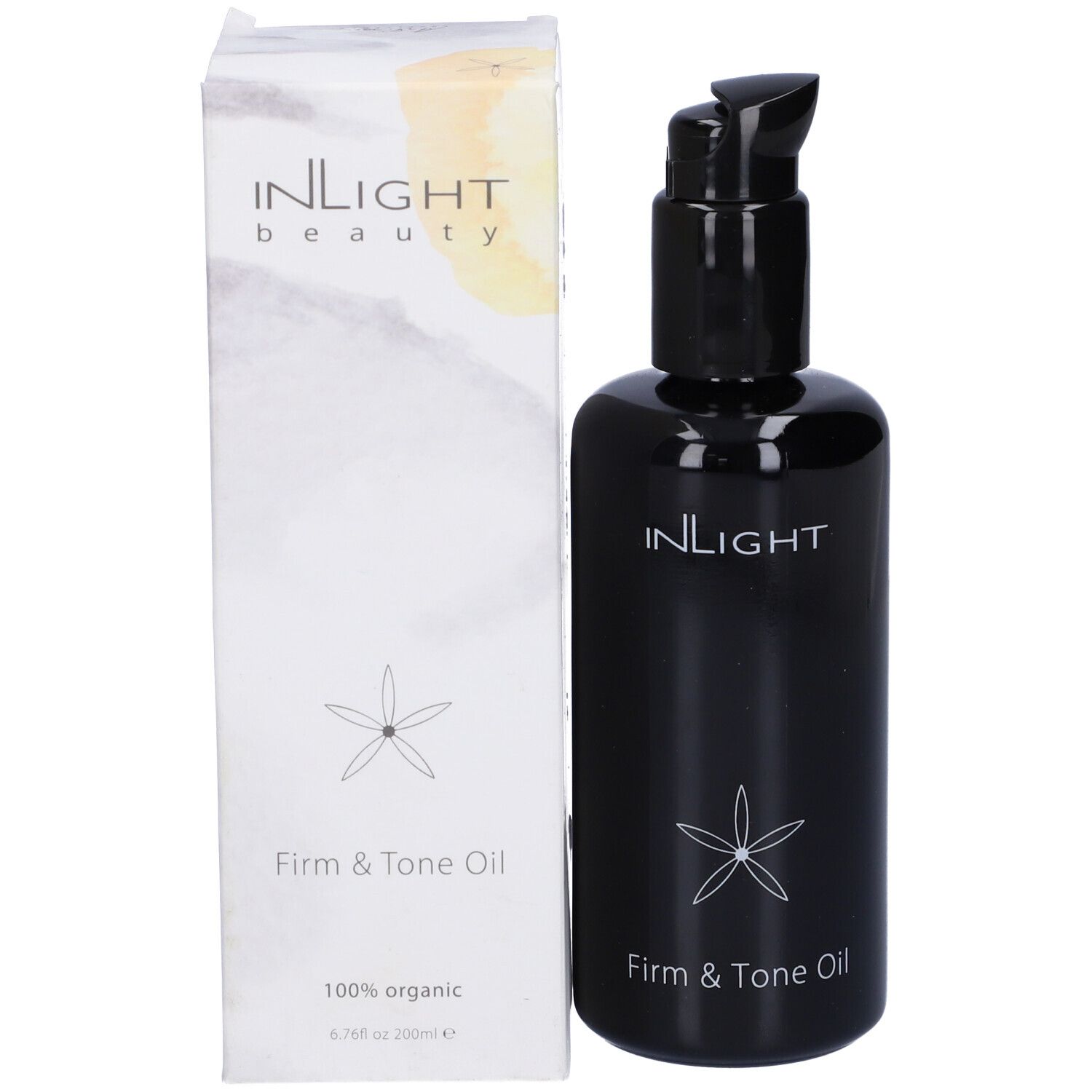 Flacone nero con pompa e scatola. Scritte: INLIGHT beauty, Firm & Tone Oil, fiore.