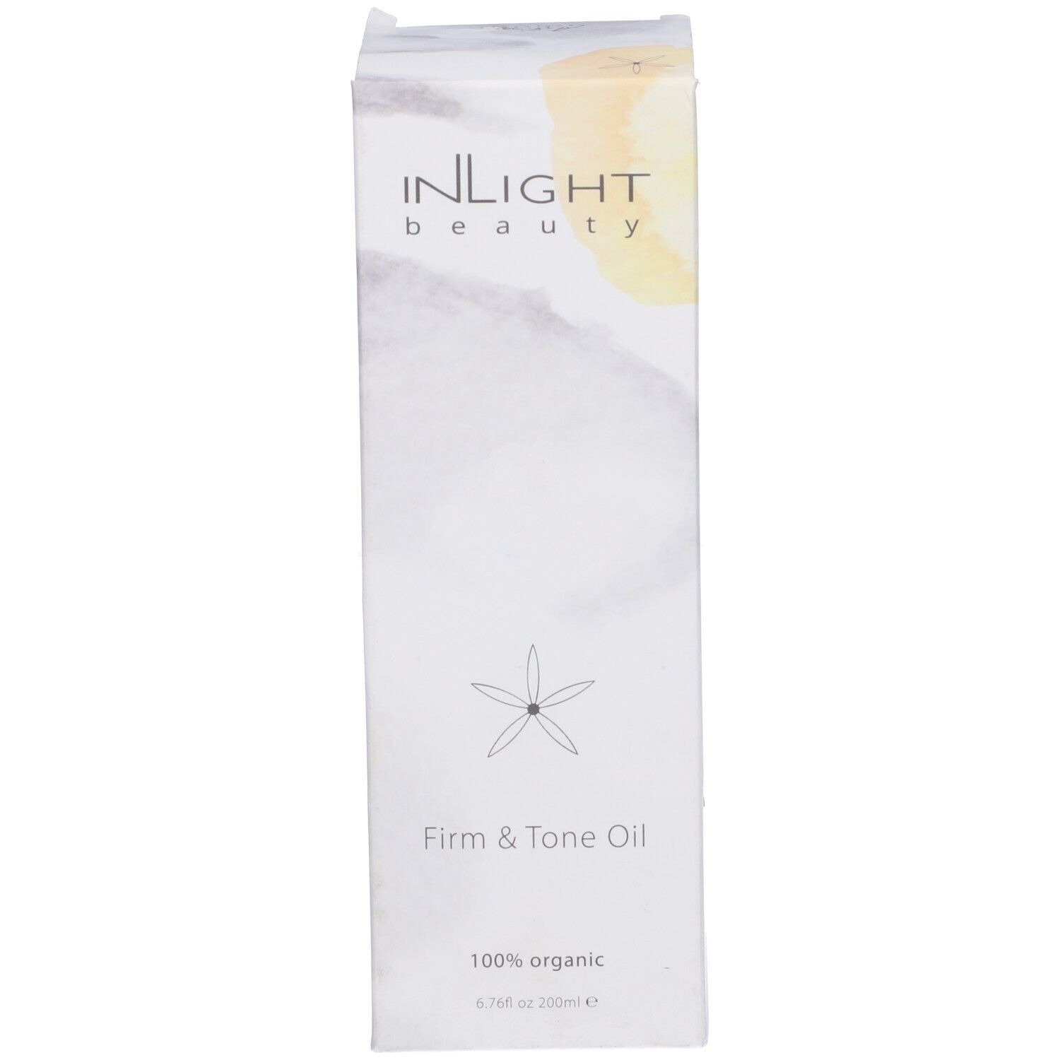 Scatola con scritte: INLIGHT beauty, Firm & Tone Oil, fiore.