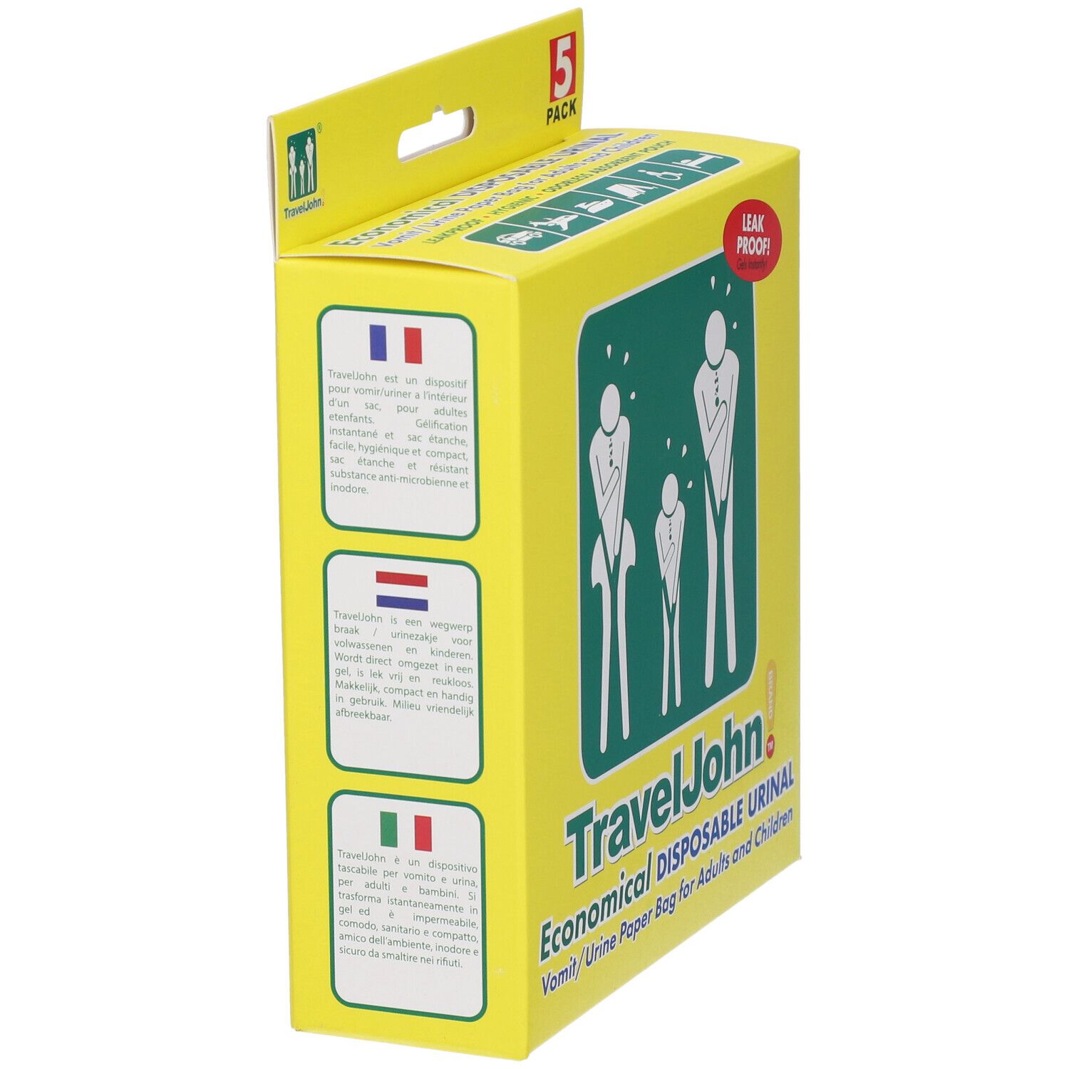 Confezione gialla, vista laterale. Testo: TravelJohn, Economical Disposable Urinal. Confezione da 5. Bandiere: Francia, Paesi Bassi, Italia.