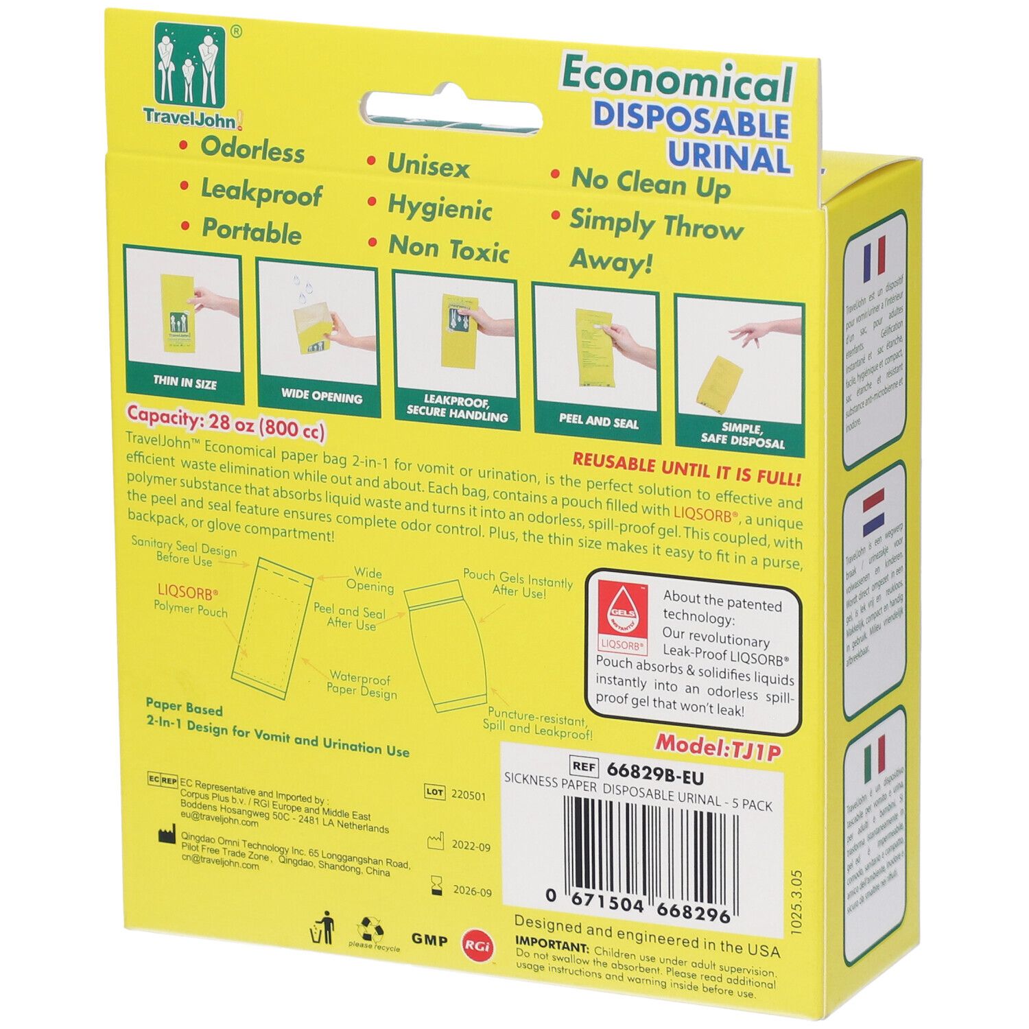 Retro della confezione gialla. Testo: TravelJohn, Economical Disposable Urinal. Caratteristiche e istruzioni del prodotto.