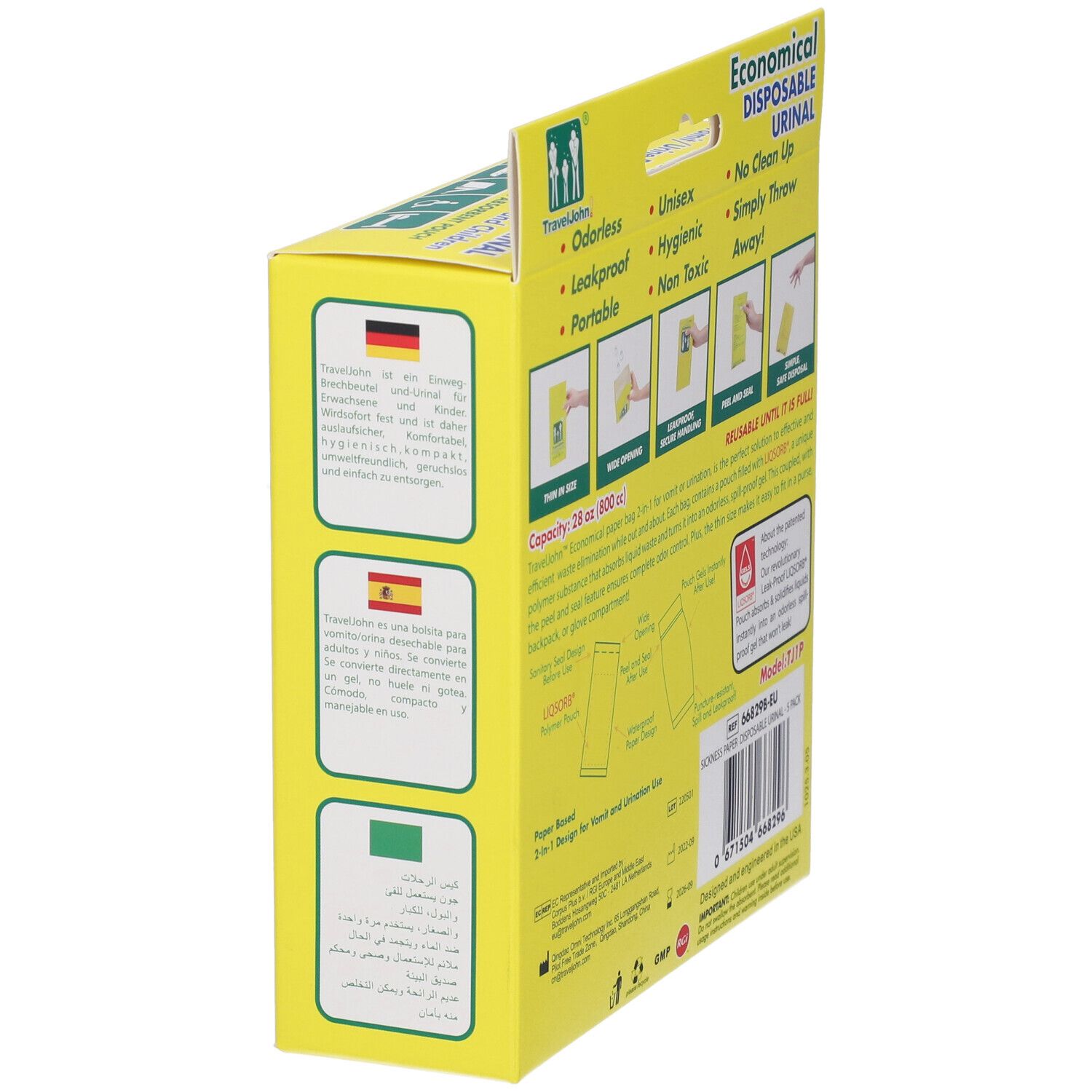 Confezione gialla, vista laterale. Testo: TravelJohn, Economical Disposable Urinal. Bandiere: Germania, Spagna, Italia.