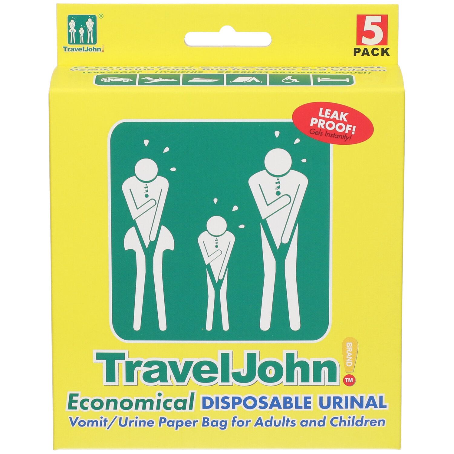Confezione gialla con illustrazione verde di persone. Testo: TravelJohn, Economical Disposable Urinal. Confezione da 5.