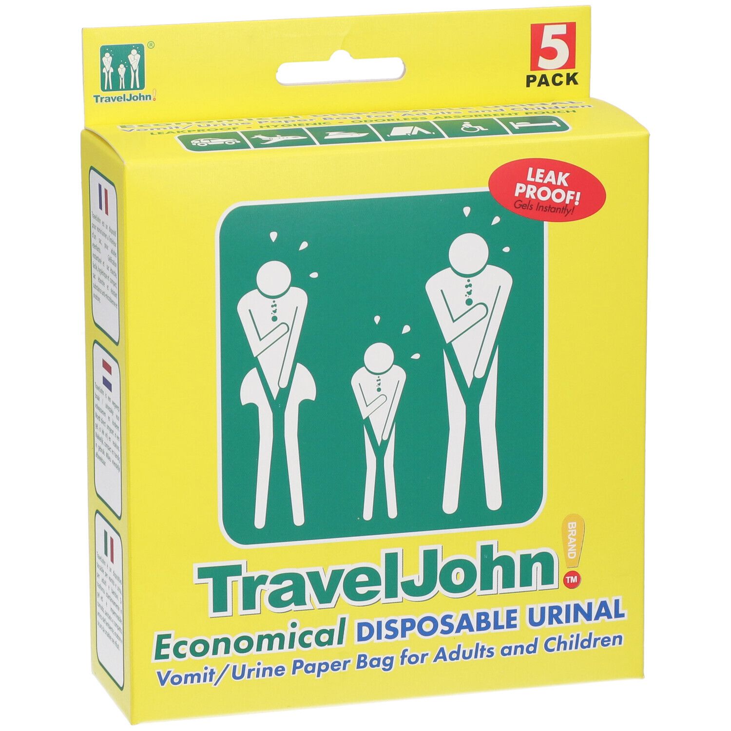 Confezione gialla con illustrazione verde di persone. Testo: TravelJohn, Economical Disposable Urinal. Confezione da 5.