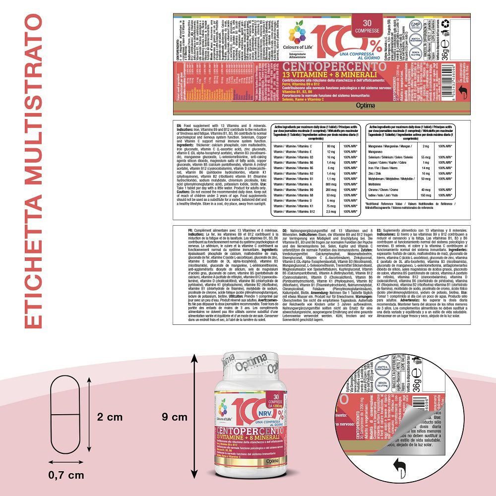 Flacone da 30 compresse, 100% Centopercento, 13 Vitamine + 8 Minerali. Etichetta con dettagli.