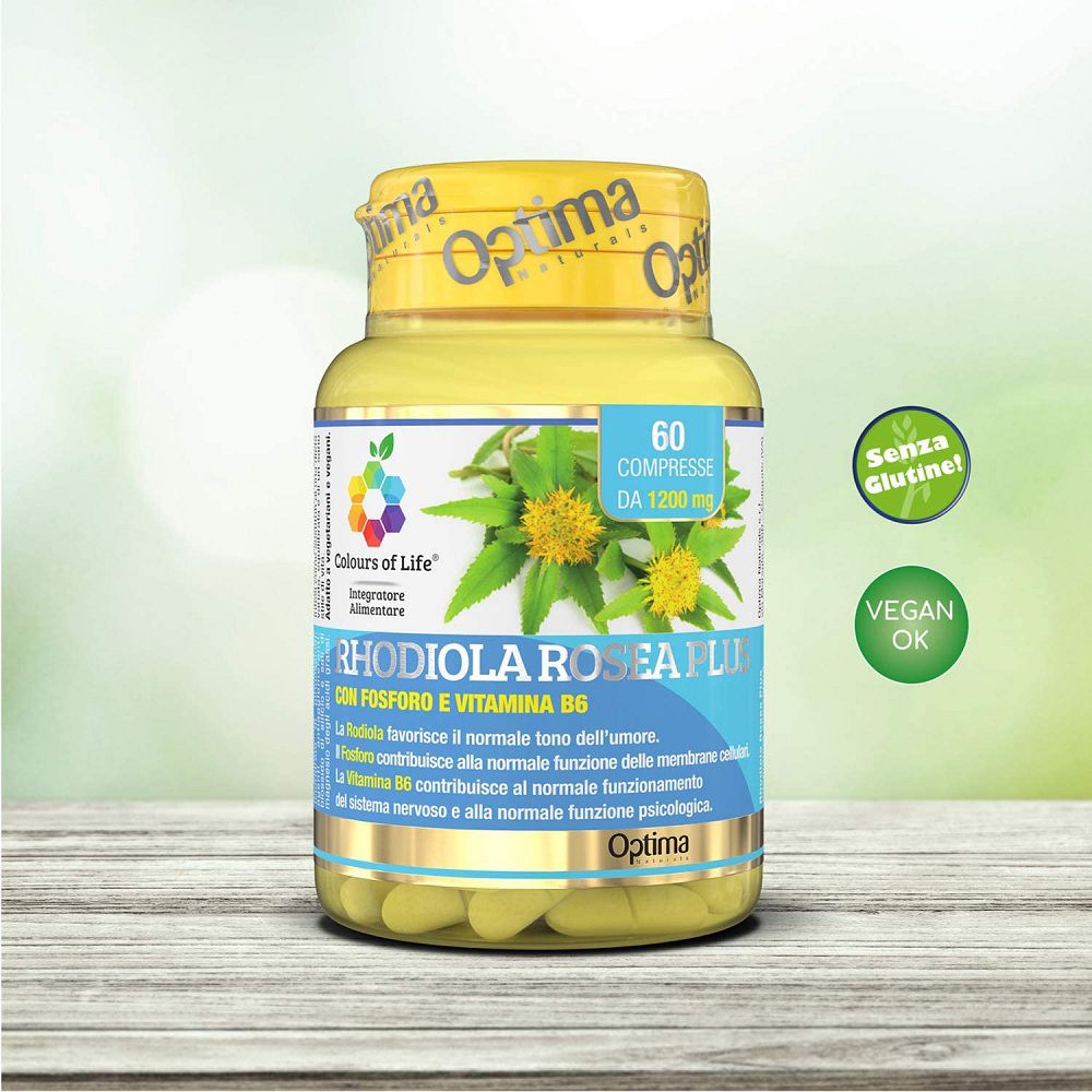 Barattolo giallo Rhodiola Rosea Plus con sigilli 'Senza Glutine' e 'Vegan OK'.