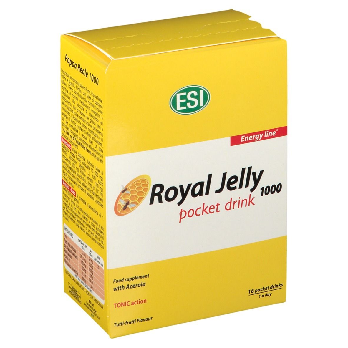 Scatola gialla "Royal Jelly 1000 pocket drink". Logo ESI. Testo: "Food supplement with Acerola". 16 bustine.