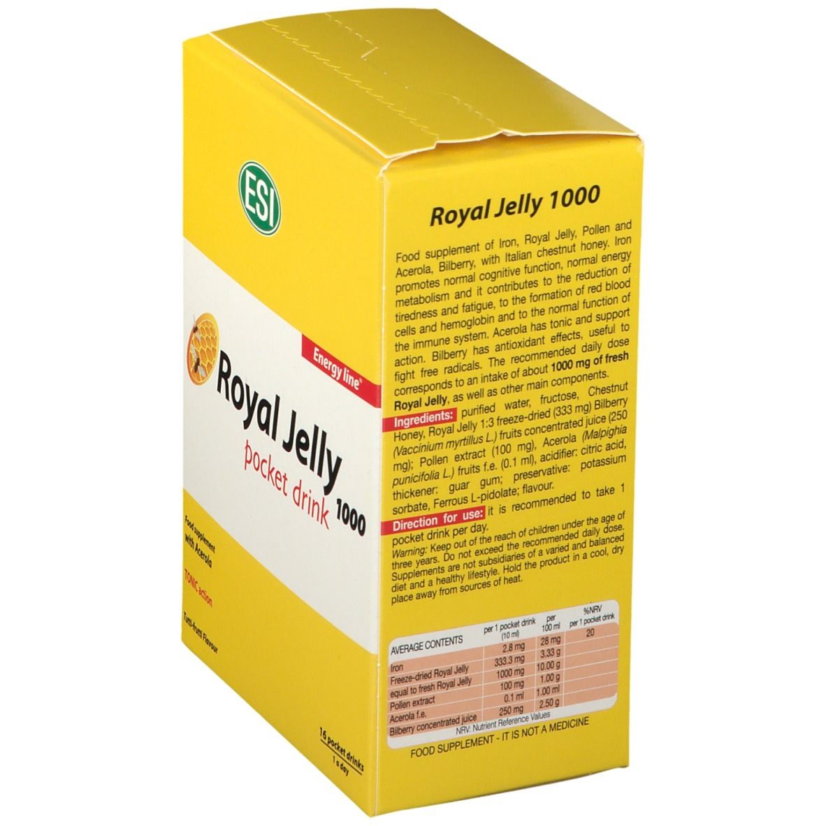 Scatola gialla "Royal Jelly 1000 pocket drink". Logo ESI. Testo e ingredienti sul lato. 16 bustine.