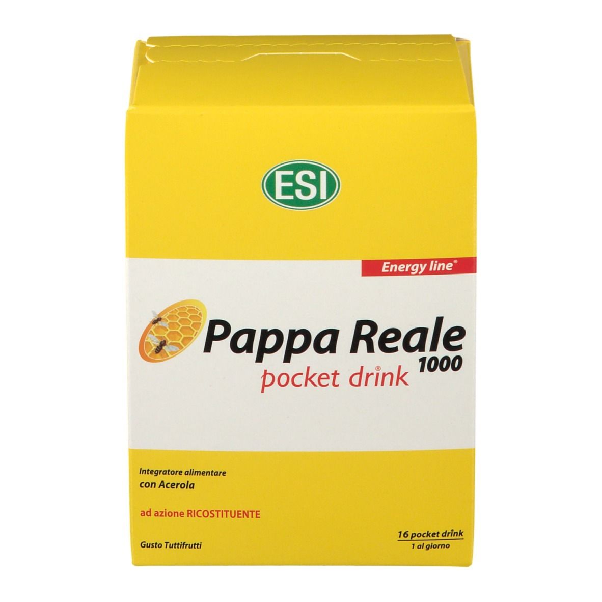 Scatola gialla "Pappa Reale 1000 pocket drink". Logo ESI. Testo: "Integratore alimentare con Acerola". 16 bustine.