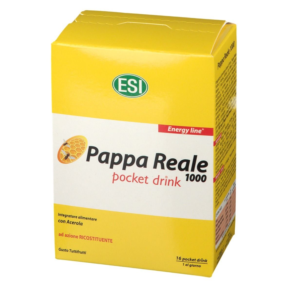 Scatola gialla "Pappa Reale 1000 pocket drink". Logo ESI. Testo: "Integratore alimentare con Acerola". 16 bustine.