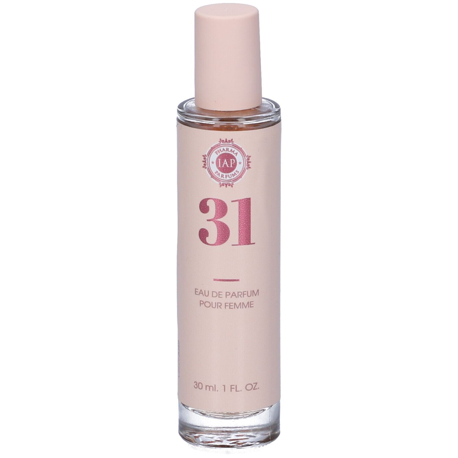 Flacone di profumo con tappo rosa. Scritta: 31, Eau de Parfum Pour Femme. 30 ml.