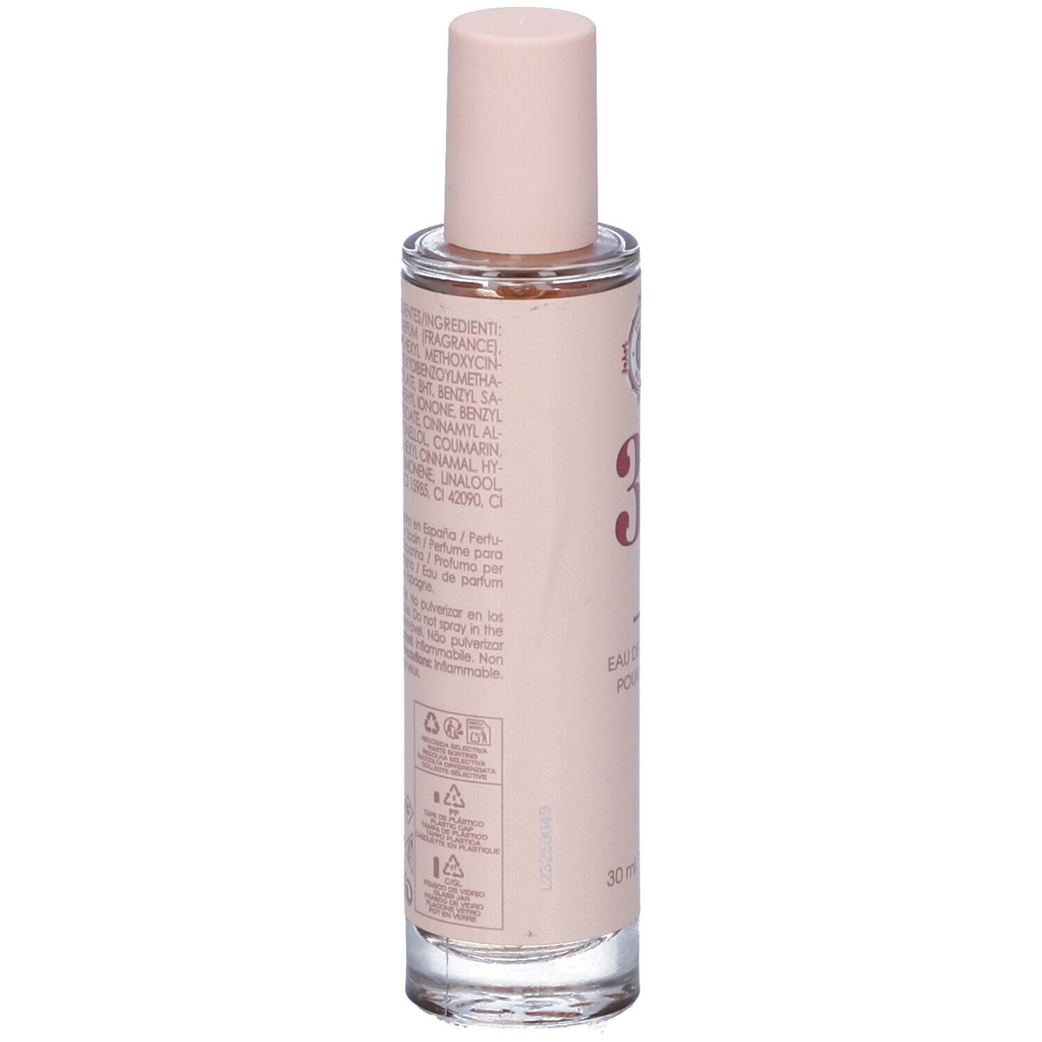 Flacone di profumo, vista posteriore. Testo con ingredienti e informazioni. Tappo rosa.