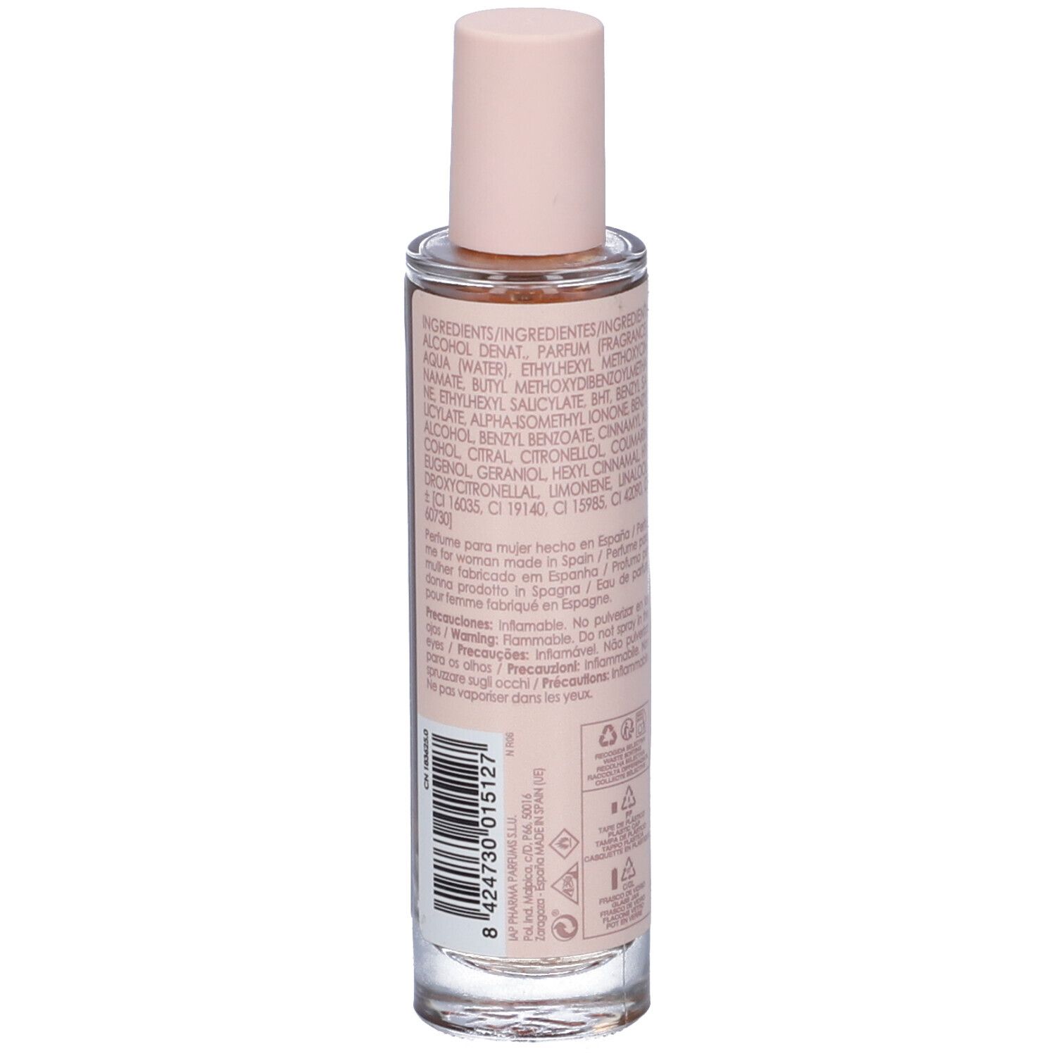 Flacone di profumo, vista posteriore. Testo con ingredienti e informazioni. Tappo rosa.