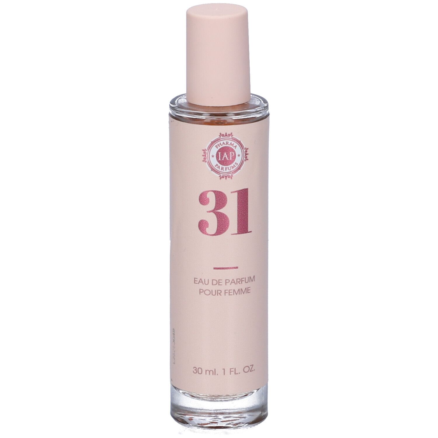 Flacone di profumo con tappo rosa. Scritta: 31, Eau de Parfum Pour Femme. 30 ml.