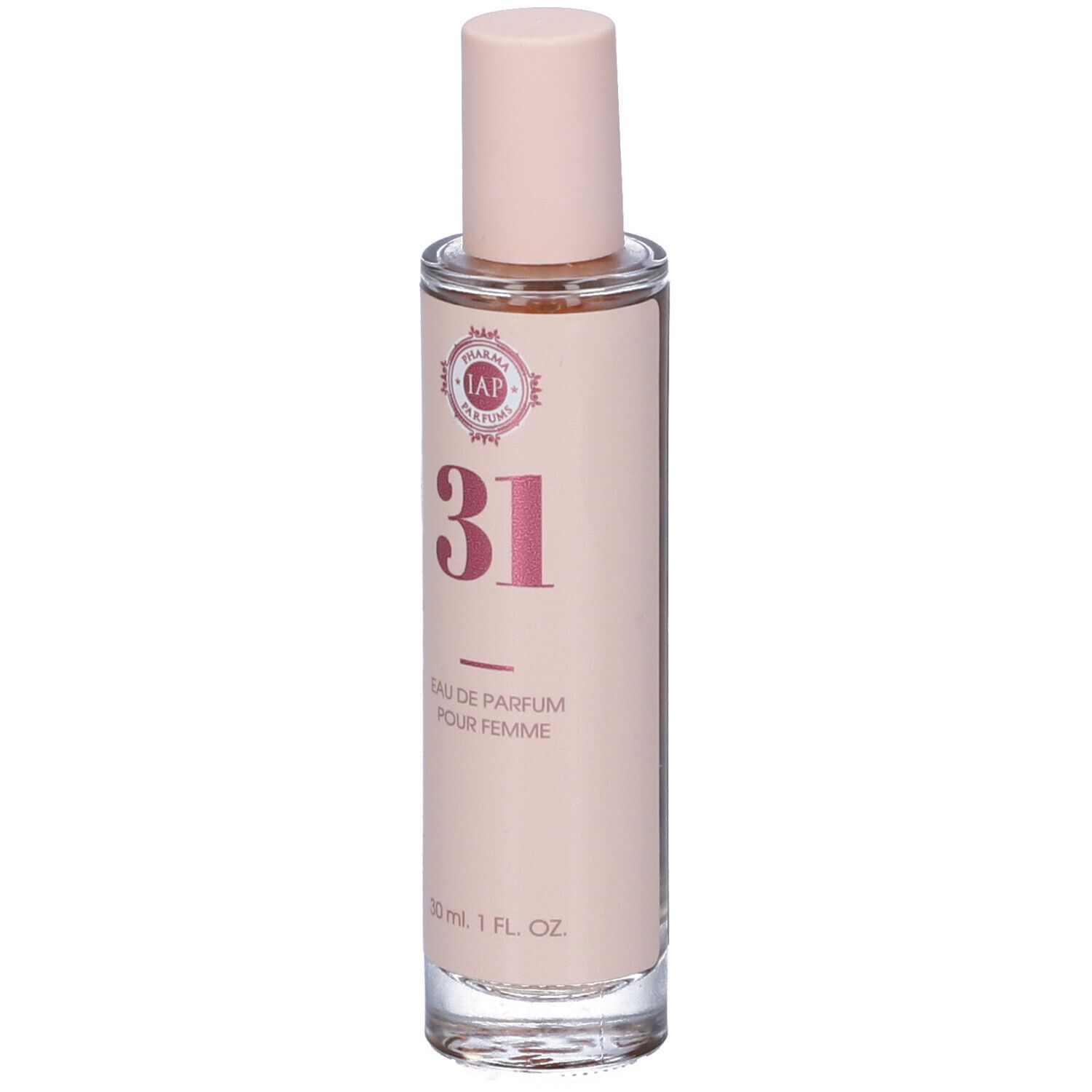 Flacone di profumo con tappo rosa. Scritta: 31, Eau de Parfum Pour Femme. 30 ml.