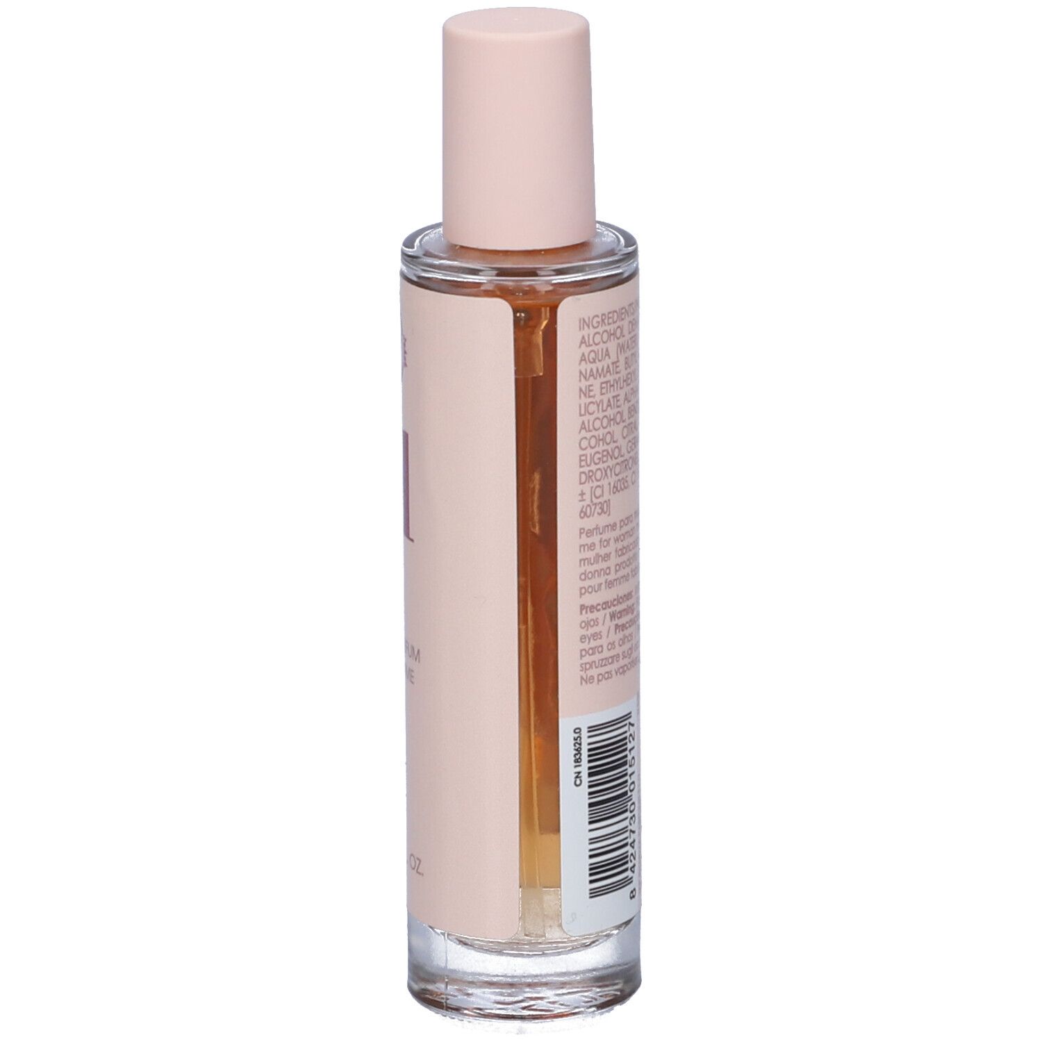 Flacone di profumo, vista posteriore. Codice a barre e testo. Tappo rosa.