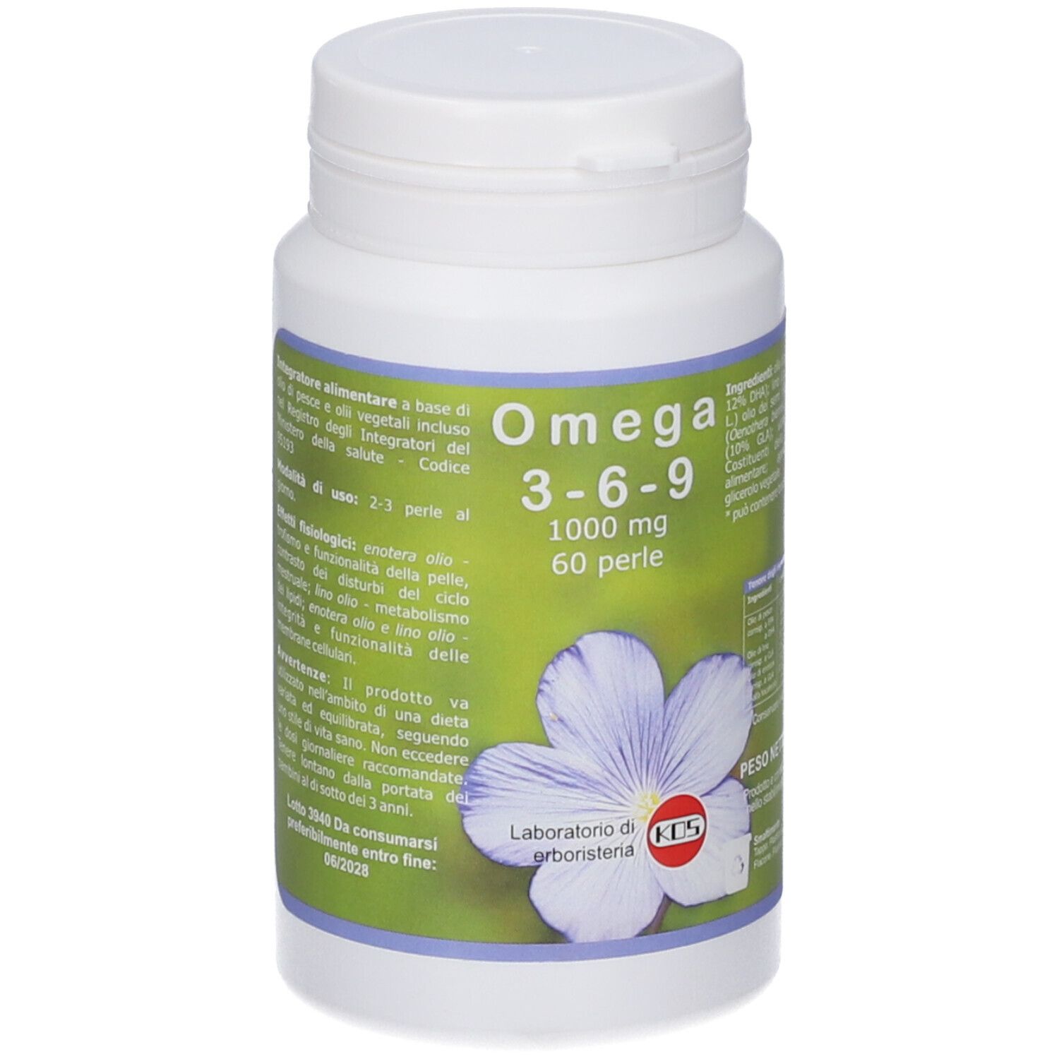 Flacone bianco con etichetta verde. Scritta: Omega 3-6-9, 1000 mg, 60 perle. Logo KOS e fiore.
