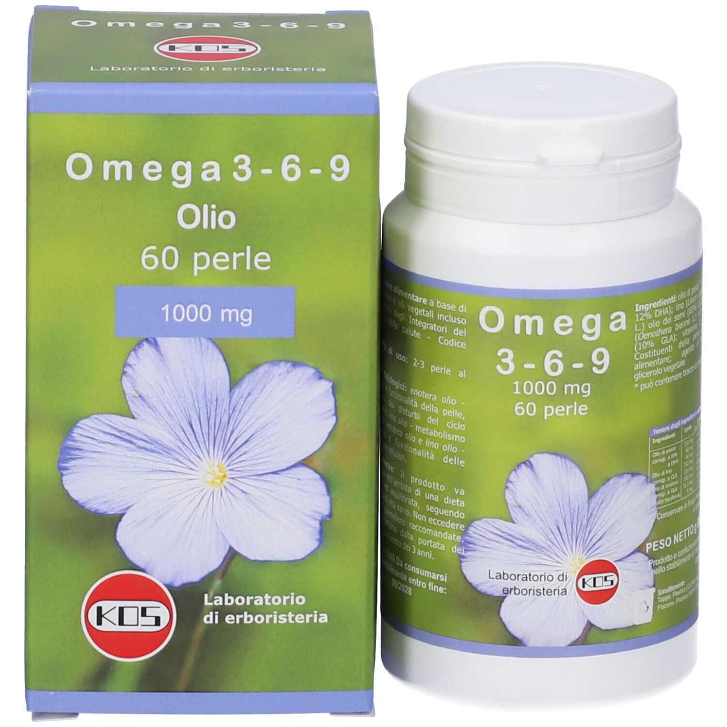 Confezione del prodotto con flacone e scatola. Scritta: Omega 3-6-9, 60 perle, 1000 mg. Logo KOS e fiore.