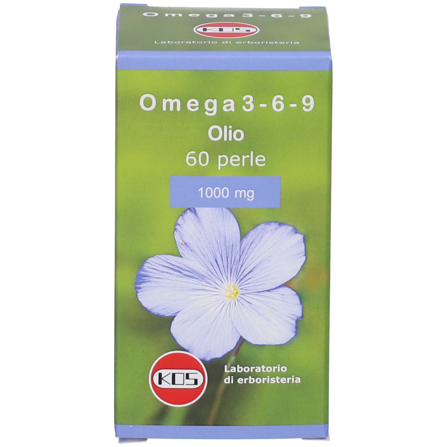 Scatola verde con scritta: Omega 3-6-9, 60 perle, 1000 mg. Logo KOS e fiore.