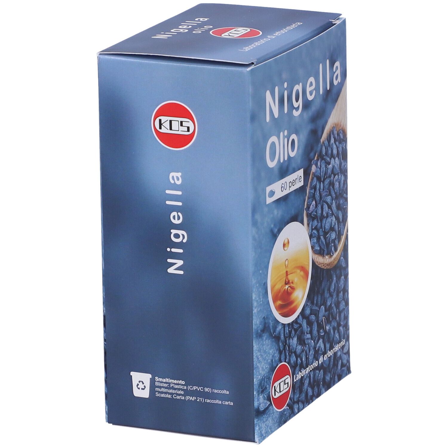 Scatola di Nigella Olio. Logo KOS. Scritta: 60 perle. Simbolo di riciclaggio.