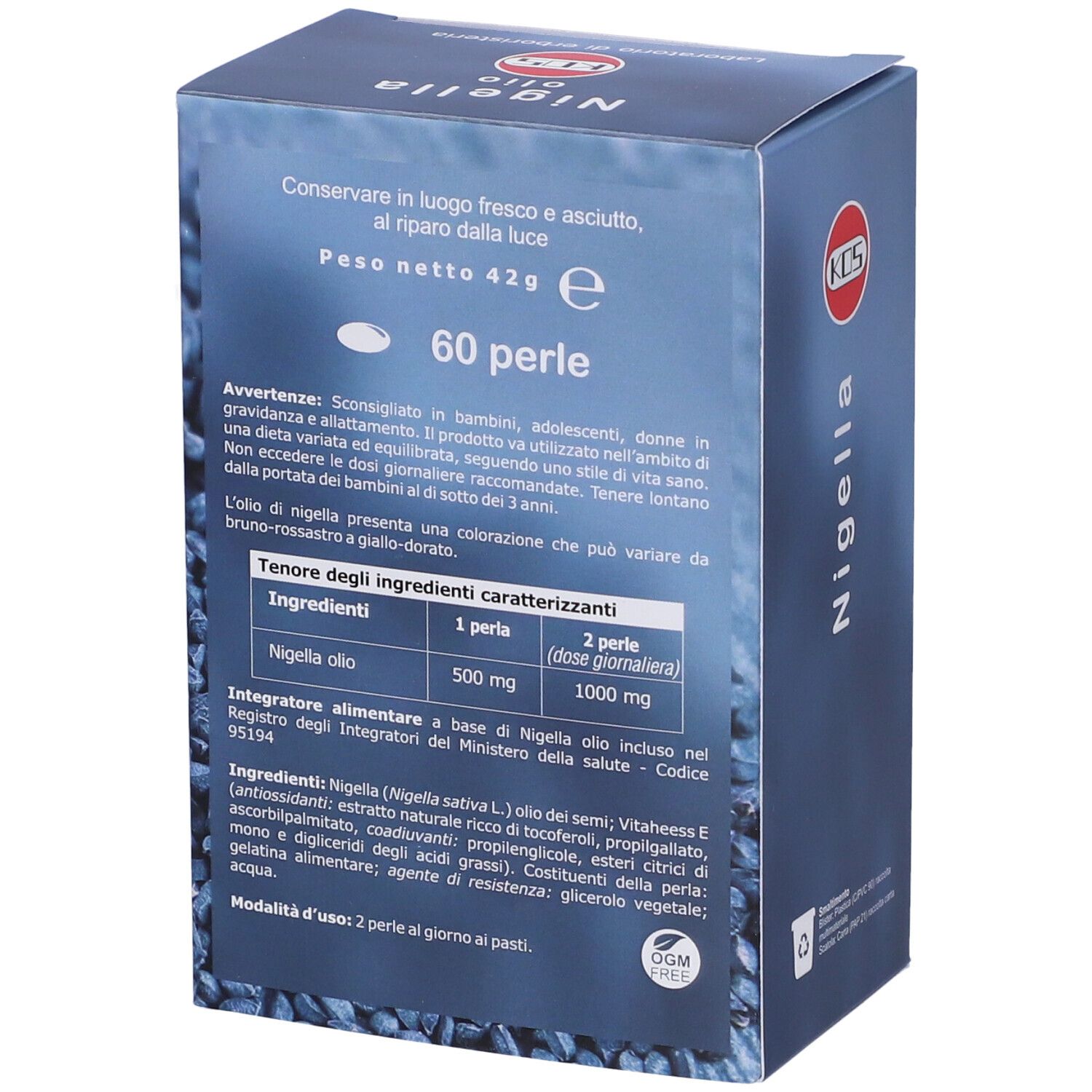 Retro della confezione Nigella Olio Perle. Testo con ingredienti e avvertenze. Logo KOS.